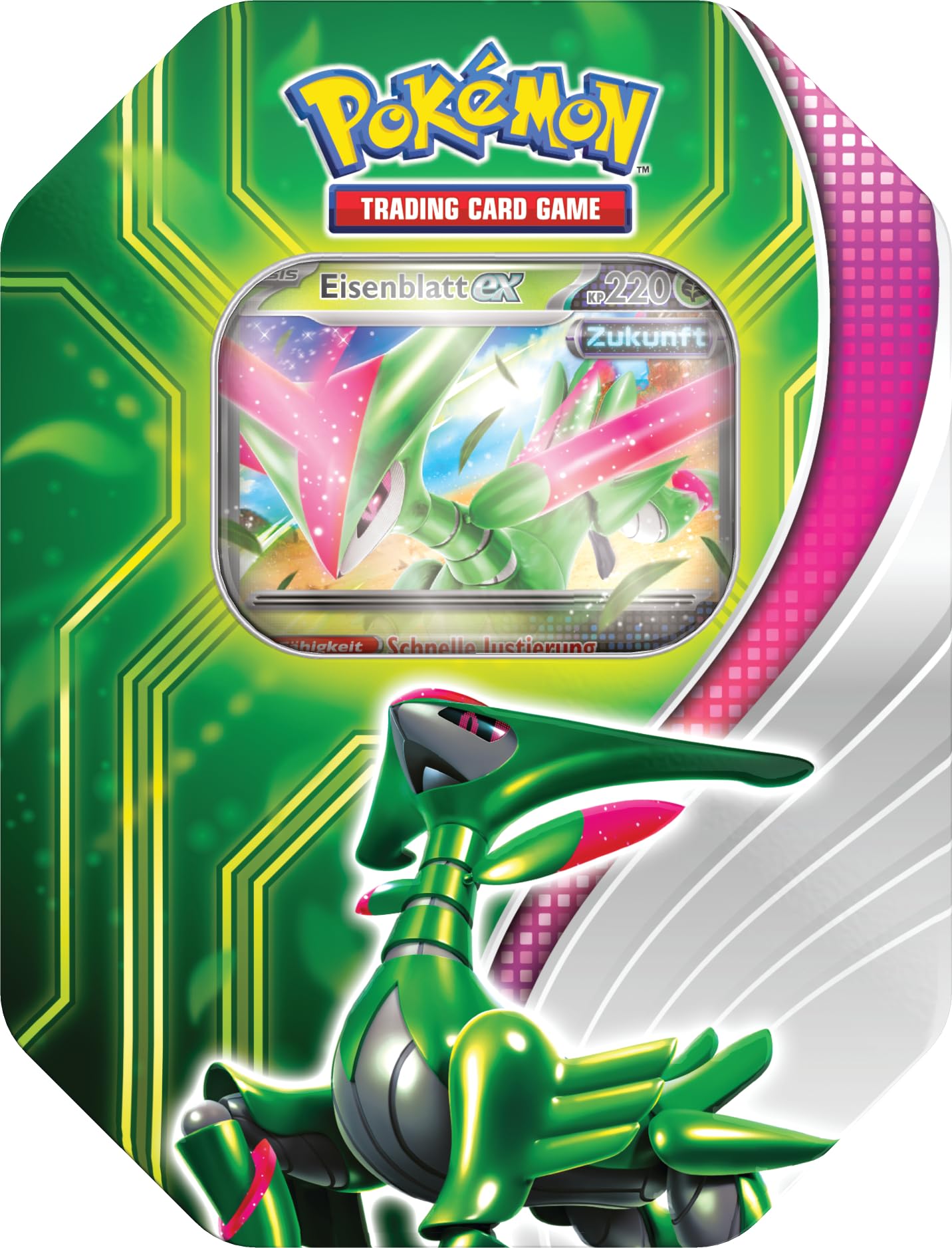 Pokémon-Sammelkartenspiel: Tin-Box Paradoxclash: Eisenblatt-ex (1 holografische Promokarte & 4 Boosterpacks)
