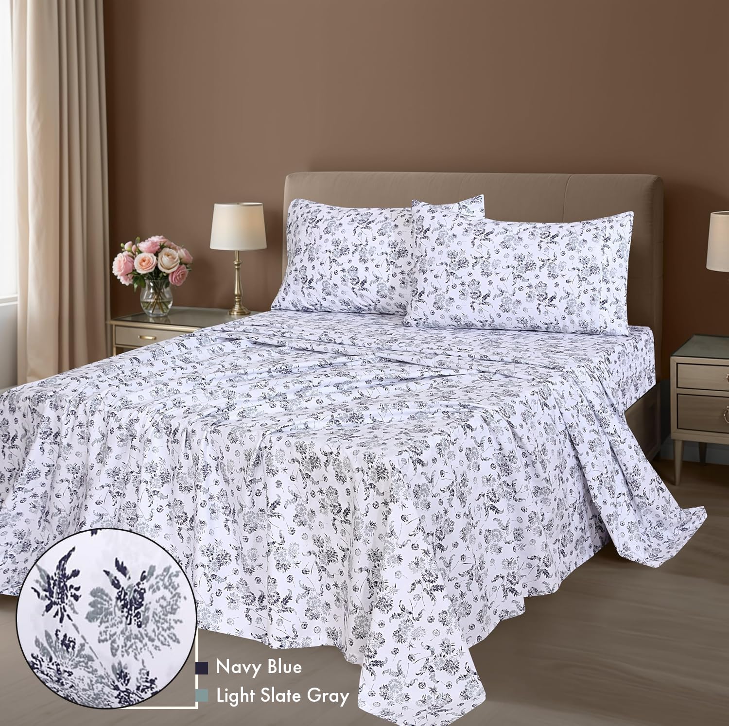 ZOYER 100% Cotton Sheets – Queen Size Percale Bedding, Cooling & Breathable, Durable with a Crisp, Soft & Comfortable Feel, 16" Deep Pocket, 4-Piece Set, Frozen Garden