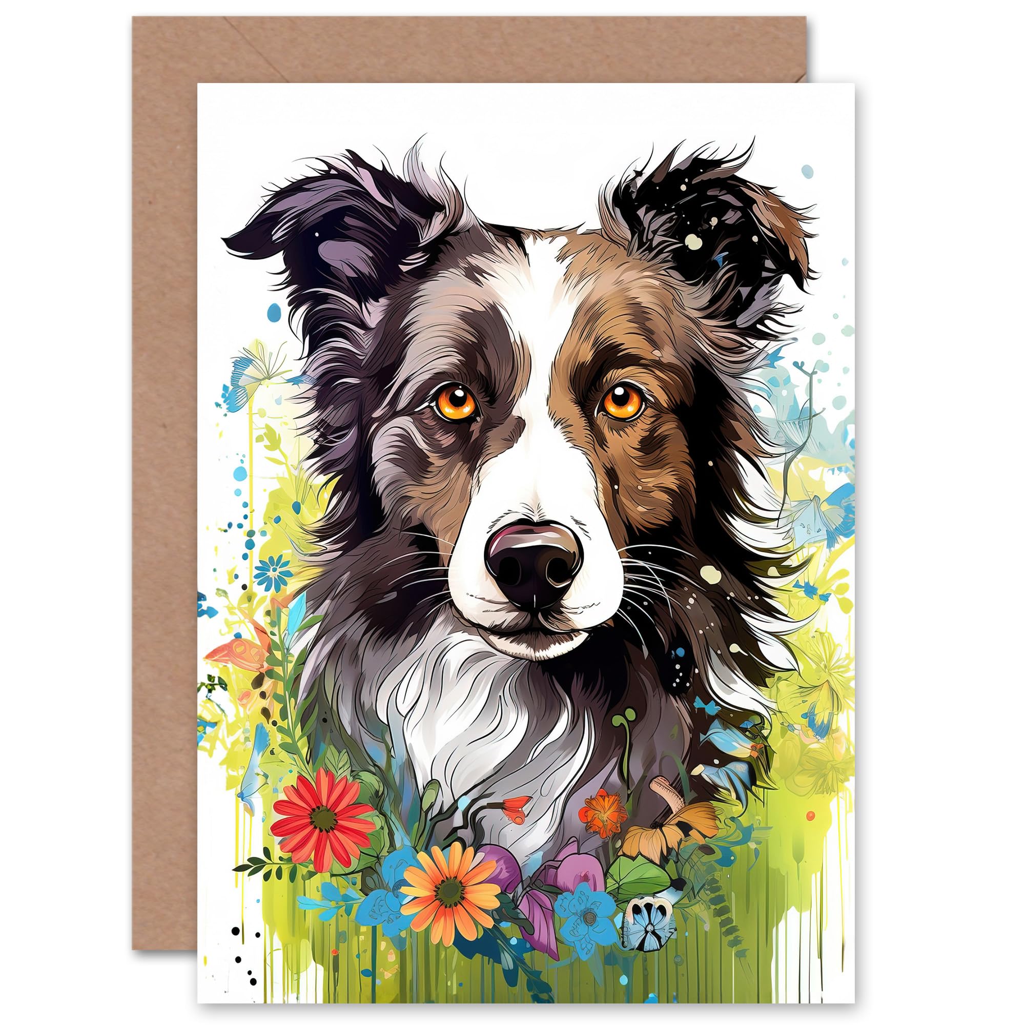 Artery8 Border Collie Dog Lover Floral Wildflowers for Wife Her Mum Sister Daughter Mom Gran Nan Birthday Thank You Congratulations Blank Art Greeting Card