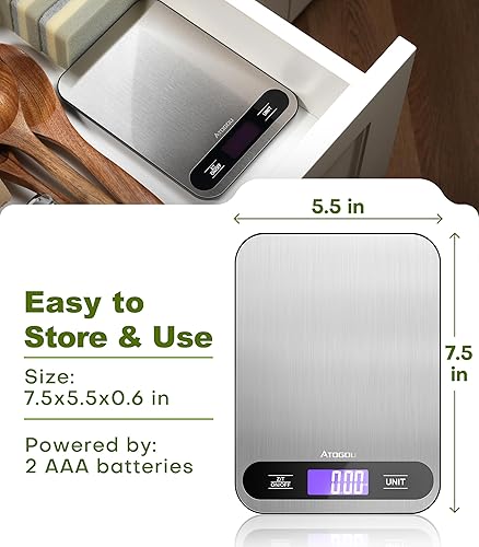 Miniatura 5 de ATOGOU Báscula de alimentos de 0.01 oz33 libras, báscula digital de cocina con pantalla LCD de vista completa, sartén de acero inoxidable, para