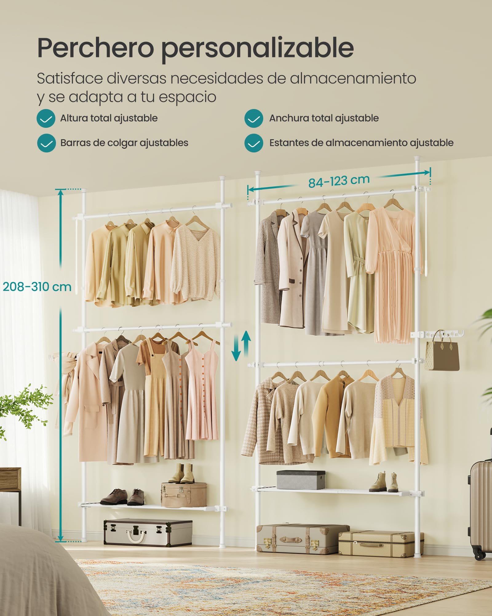 SONGMICS Perchero de piso a techo ajustable, 3 niveles, barra de ropa, organizador de armario, blanco mate