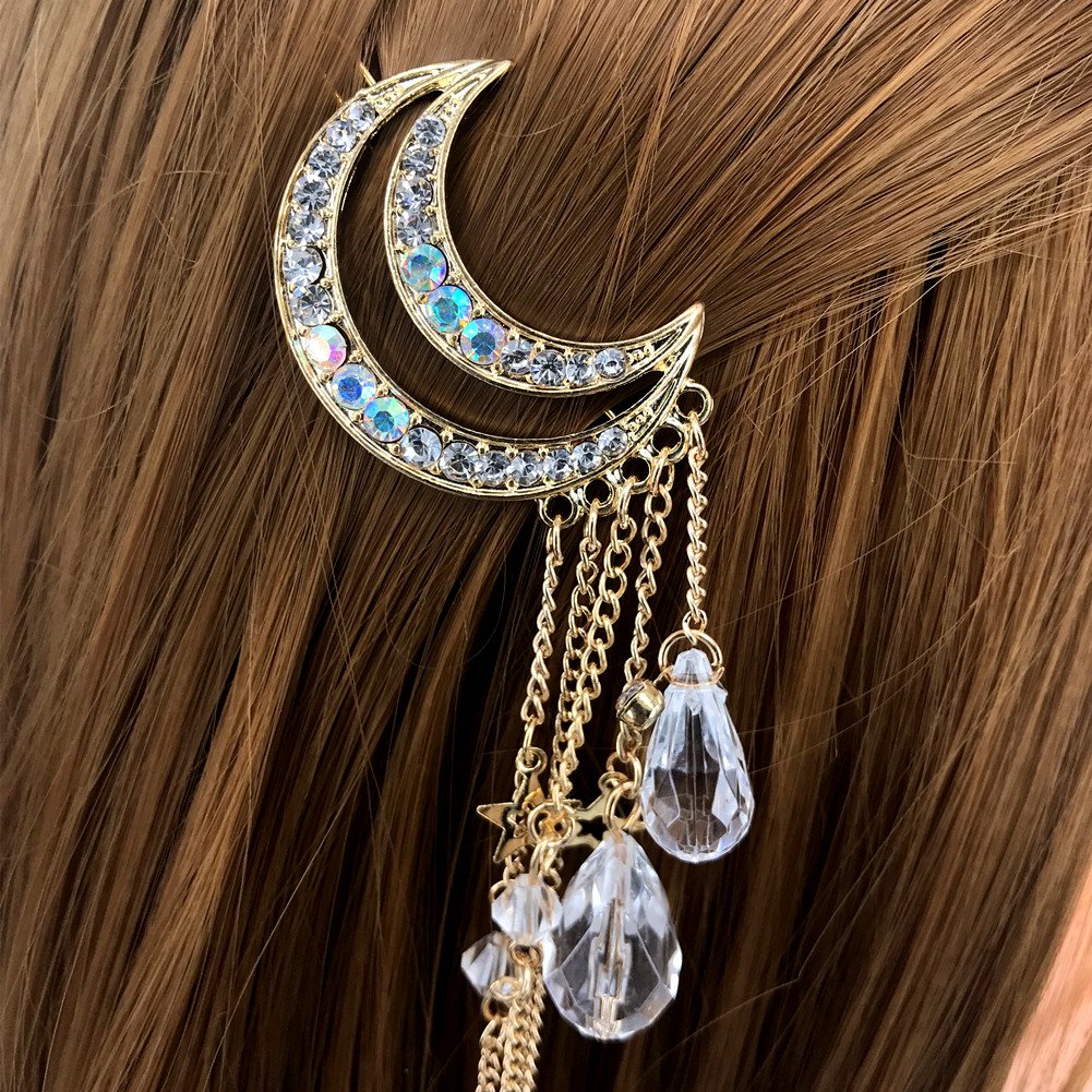 Hair Pin Moon Rhinestone Tassel with Crystal Beads Charms Hair Clip Pin Hair Amazon.com: QTMY Moon Rhinestone Tassel with Crystal Beads  main image 2