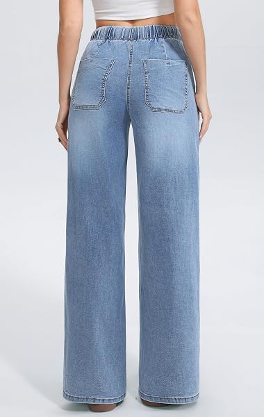 Jeans Donna Vita Elasticizzata con Coulisse Gamba Larga Denim Lavaggio Chiaro Casual Morbidi Tempo Libero - 2