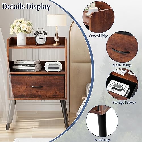 Miniatura 5 de Mesita de noche con estante abierto, mesita de noche con cajón, mesa auxiliar de almacenamiento, mesita de noche con pies de madera maciza, mesitas