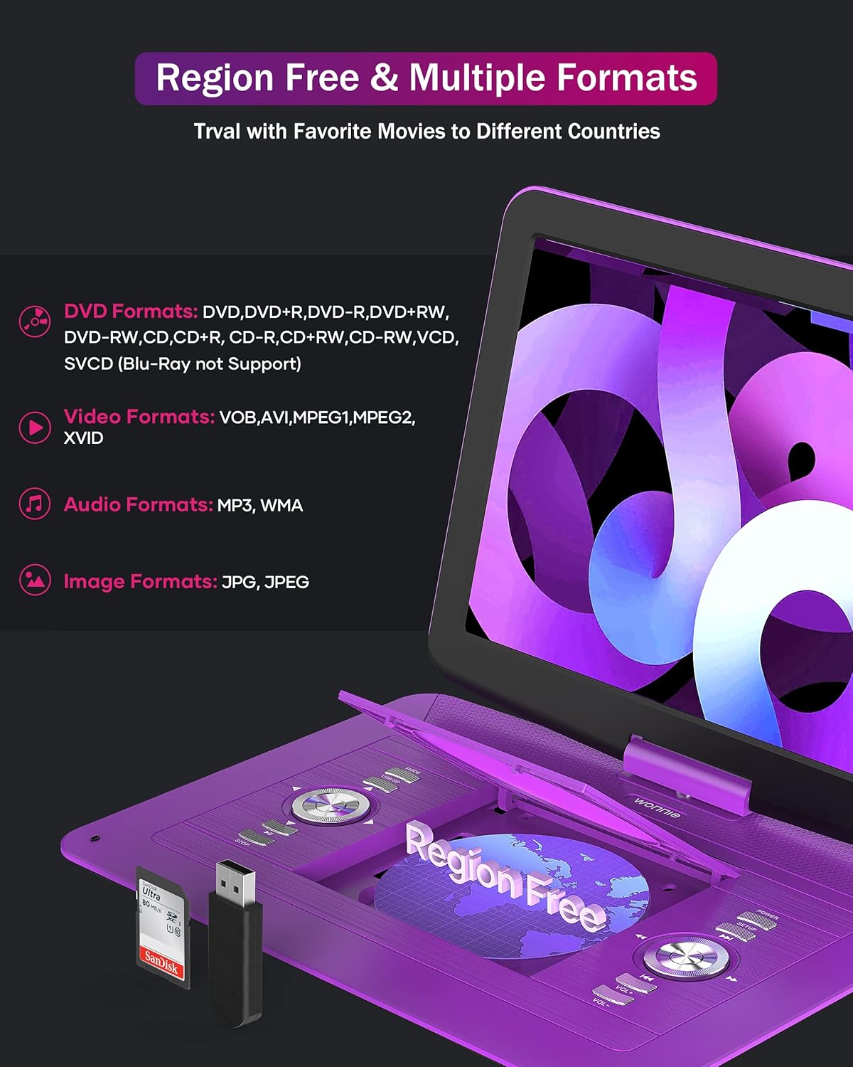 WONNIE 17.9" Portable DVD/CD Player with 15.4" Large Swivel HD Screen, 6 Hours 5000mAH Rechargeable Battery, Support USB/SD Card/Sync TV, Regions F r e e, Car Charger, Remote Control for Kids, Purple