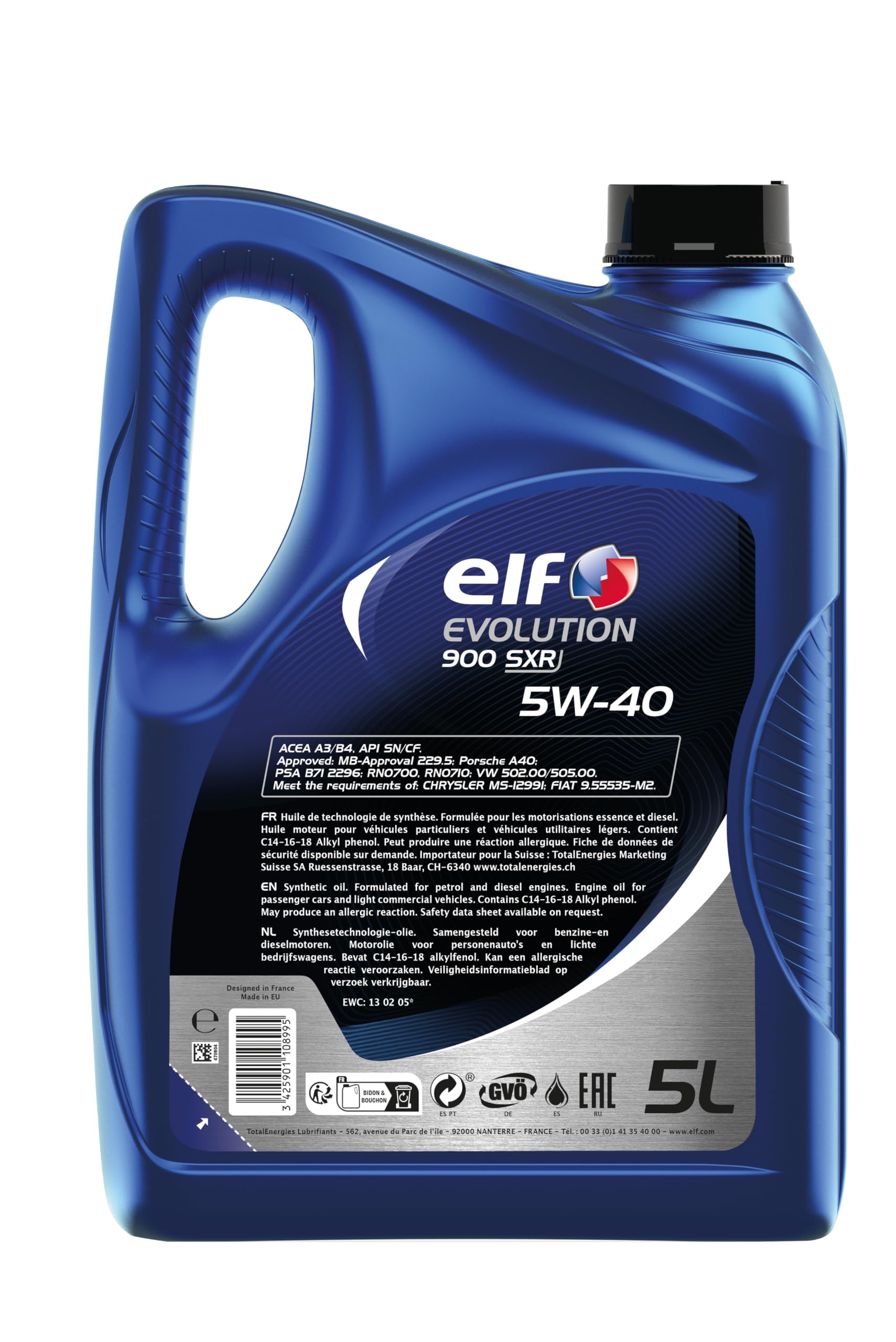 Aceite de motor ELF Evolution 900 SXR 5W-40 - Tecnología sintética ACEA A3/B4, API SN/CF MB 229.5 - 5L