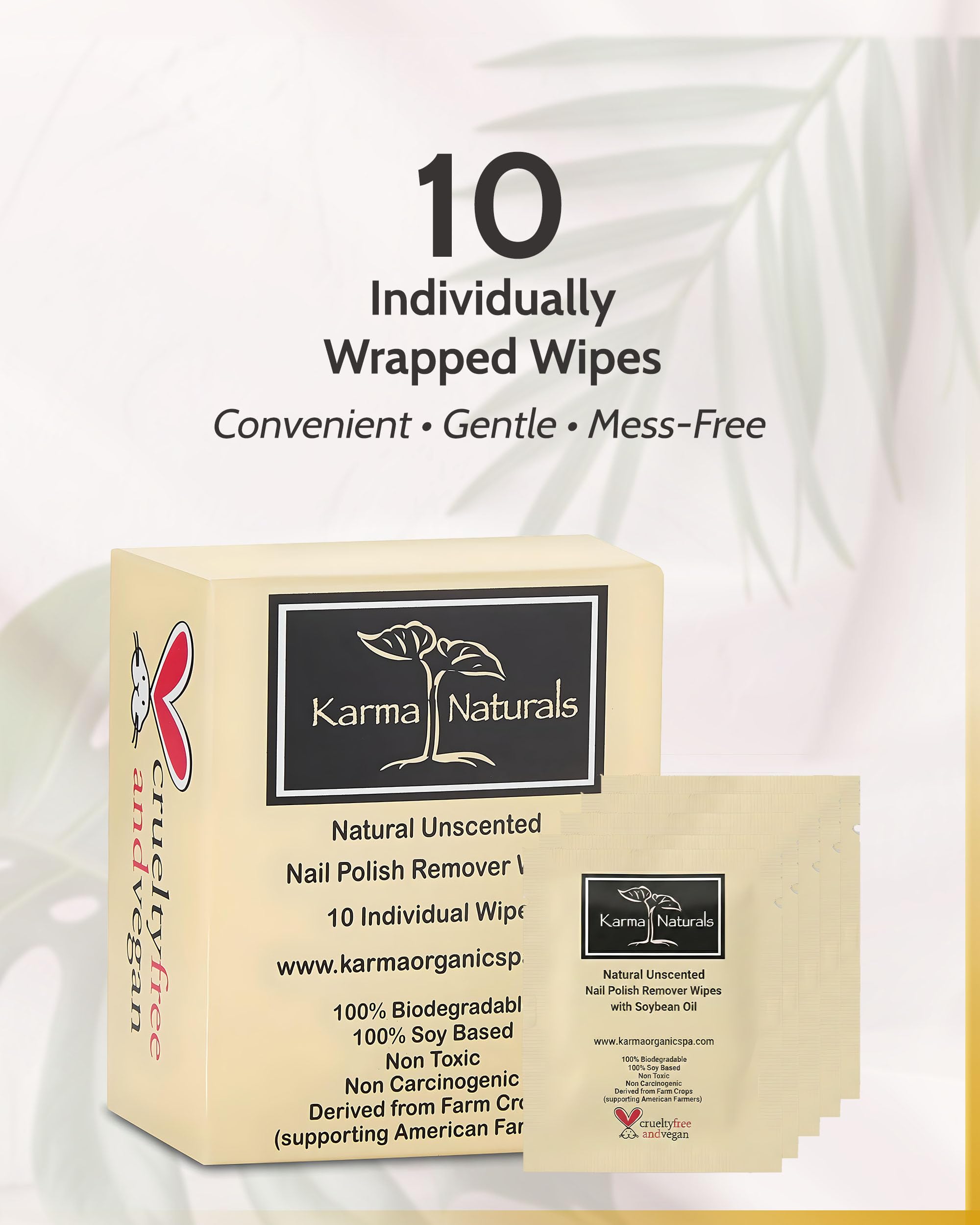 Karma - Toallitas quitaesmalte de uñas sin aroma, no tóxicas, veganas, sin crueldad - Pack de 10