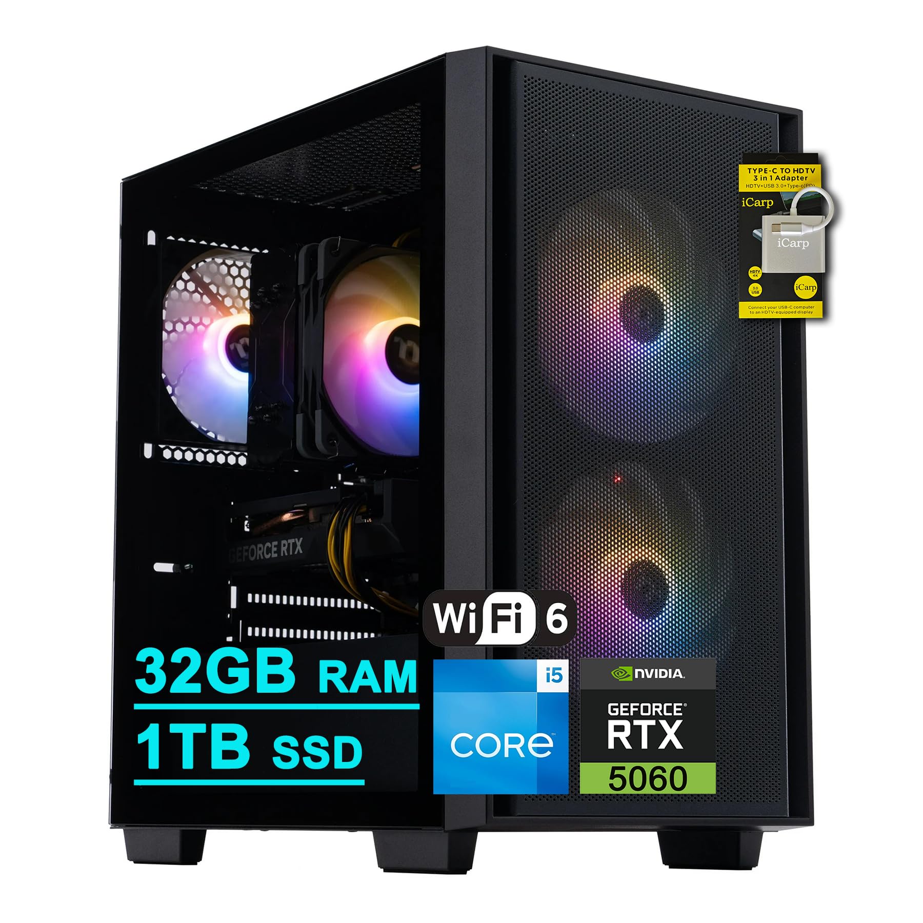 acer Nitro 60 Gaming Desktop Computer Intel 10-core i5-14400F 32GB DDR5 1TB SSD GeForce RTX 5060 8GB GDDR7 DLSS4 (fino a 614 AI Tops) USB-C DisplayPort Wi-Fi6 Win11 ICP Hub
