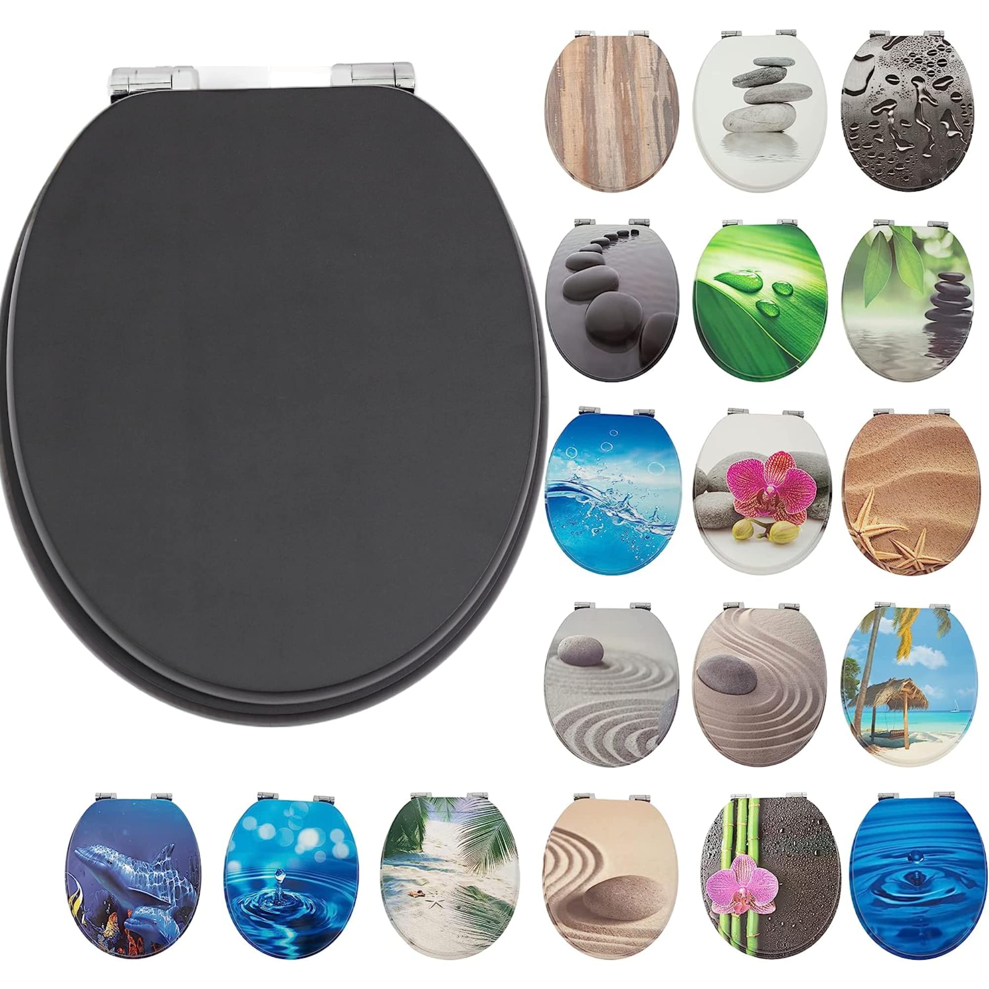 SG Traders® Toilet Seat with Soft Close - Wooden Toilet Seat Cover with Zinc Alloy Hinges, Comfortable Toilet Seat Covers with Colorful Designs Easy to Install, Assembly (Black)