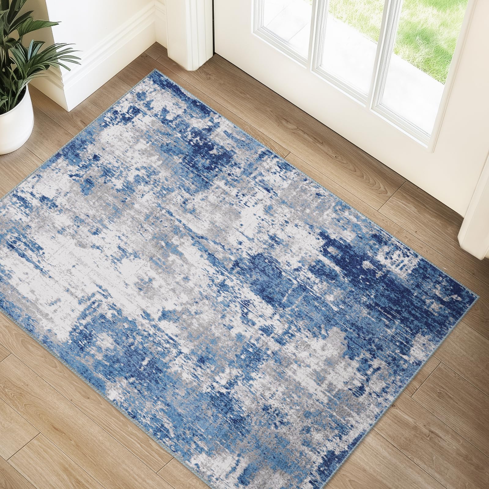 RELEANY Washable Area Rugs 2'x3' Non-Slip Modern Abstract Soft for Living Room Entryway Bedroom Nursery, Print Pattern, Blue Grey Navy Gray