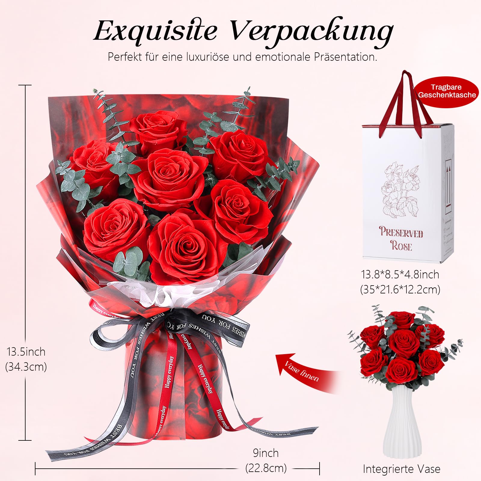 7 Ewige Rote Rosen Strauß, Infinity konservierte Blumen, Geschenk für Sie