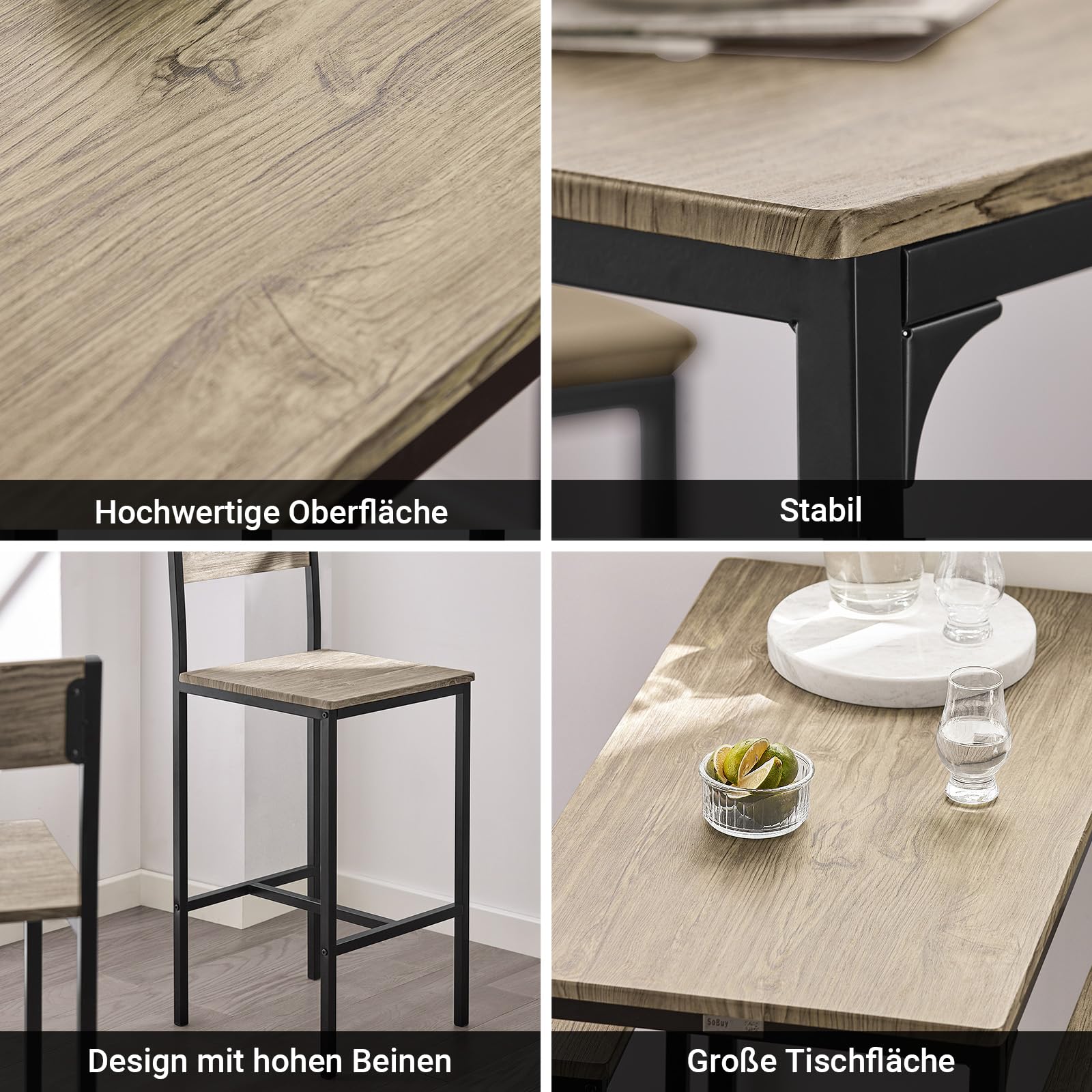 SoBuy Bartisch Set mit 2 Stühlen Platzsparendes Küchentisch-Set für 2 Personen, Hoher Esstisch mit Stühlen Essgruppe Bistrotisch Gartentisch für kleine Küche, Balkon oder Wohnzimmer möbel OGT03-N
