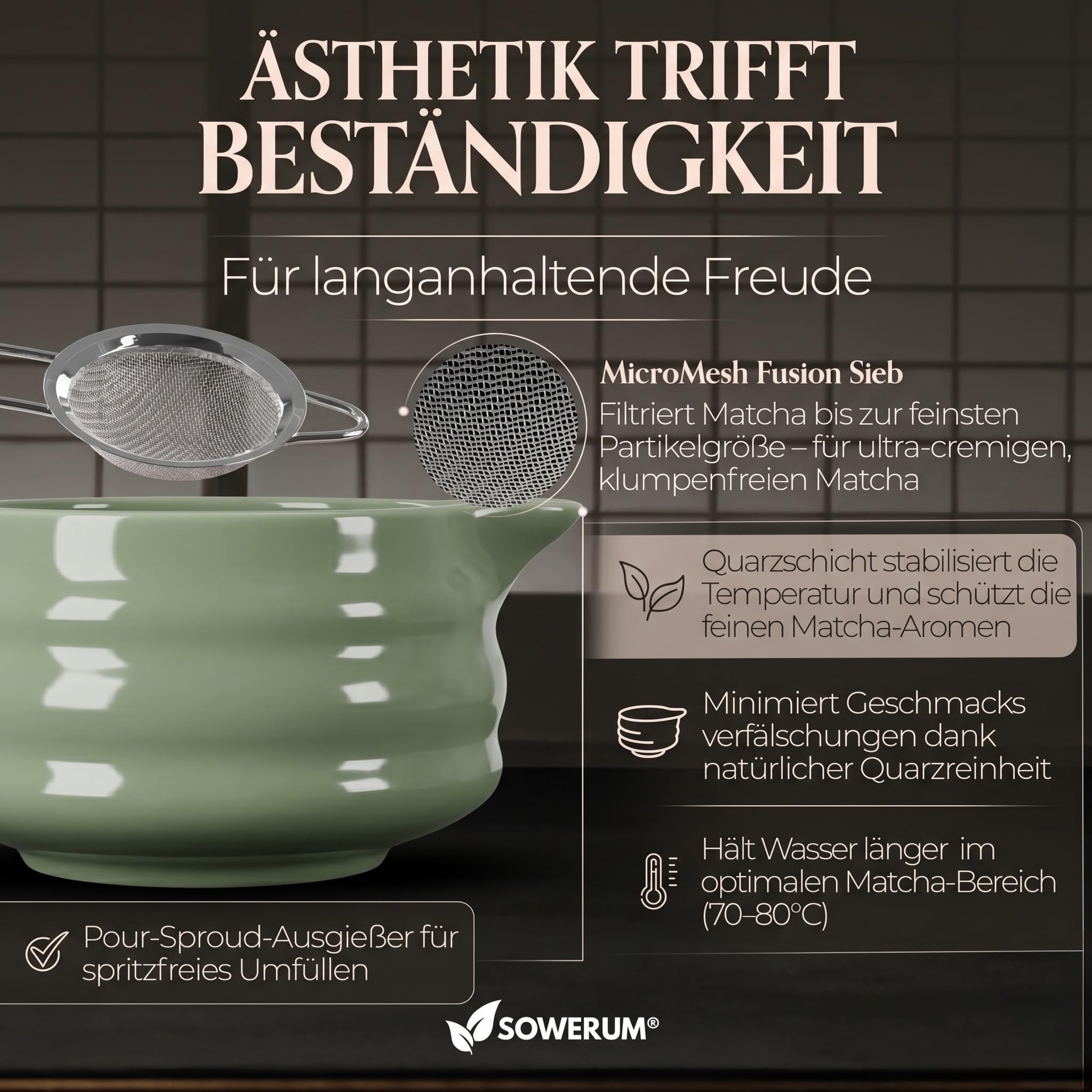 Matcha Set 5-teilig – Matcha Zeremonie Set mit Schale, Bambusbesen, Halter, Sieb & Löffel – Japanisches Tee Set Geschenk für Frauen & Männer – Matcha Zubehör Starter Set (Grün) (Grün)