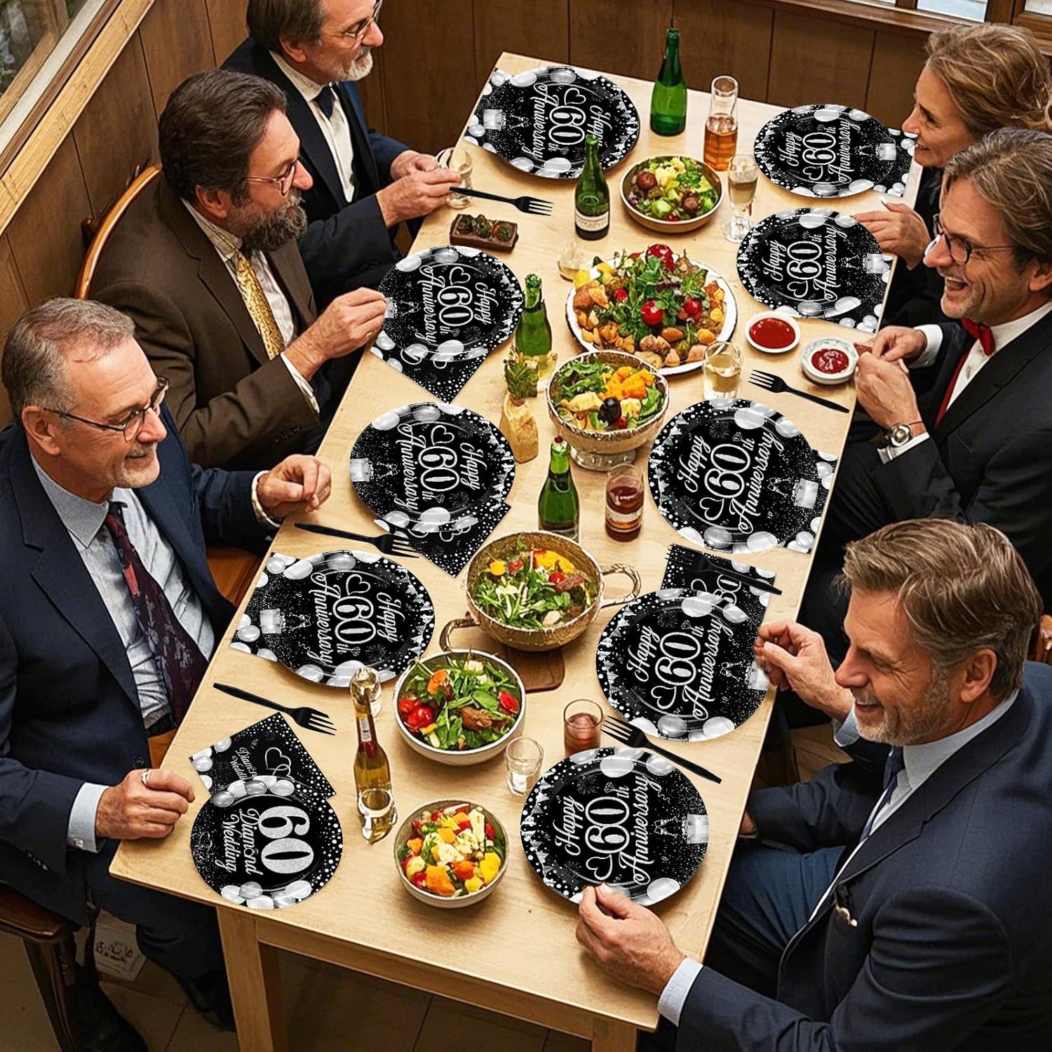 96Pcs Anniversary Decorations 60th Wedding Anniversary Party Plates Disposable Black Silver 60th Matrimony Celebration Paper Tableware Set for Women Men 60 Years of Love Party, Serves 24