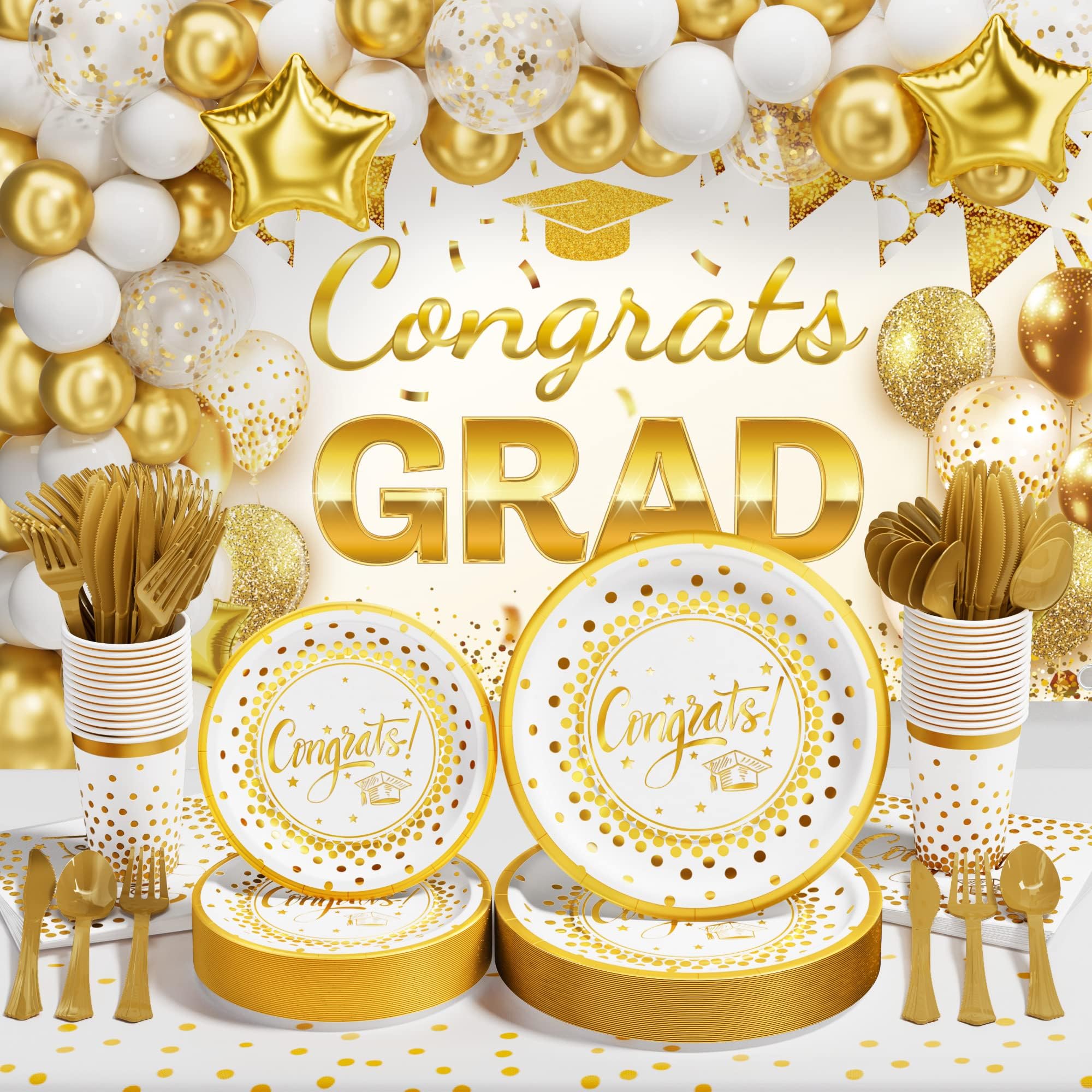 Ecomore 2025 Graduation Party Supplies 245 PCS Disposable Dinnerware(25 Guest) & Graduation Party Decorations with Plate Cup Napkin Tablecloth