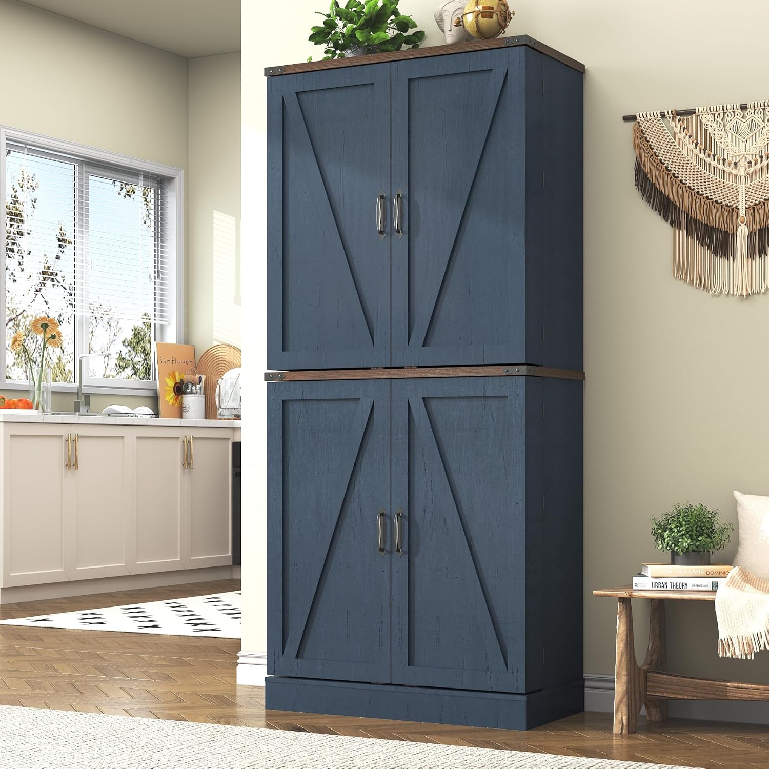 Hlivelood Farmhouse Kitchen Pantry Cabinet, 71" Tall Storage Cabinet with Adjustable Shelves & 4 Barn Doors & Drawer, Rustic Wood Cupboard for Kitchen, Dining Room, Living Room, Blue