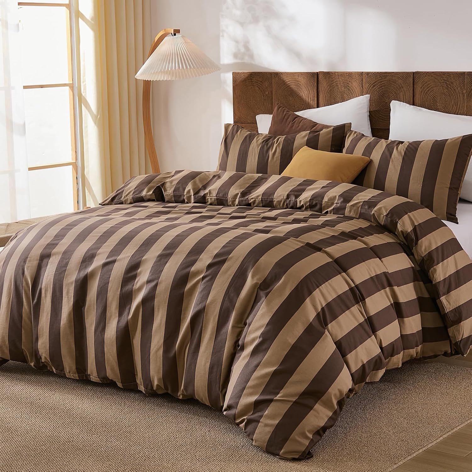 Merryword Brown Striped Duvet Cover Set Queen Size, 100% Natural Cotton Linen Like Duvet Cover Set with Zipper Closure & 8 Corner Ties, Brown Khaki Soft Reversible Bedding for All Seasons