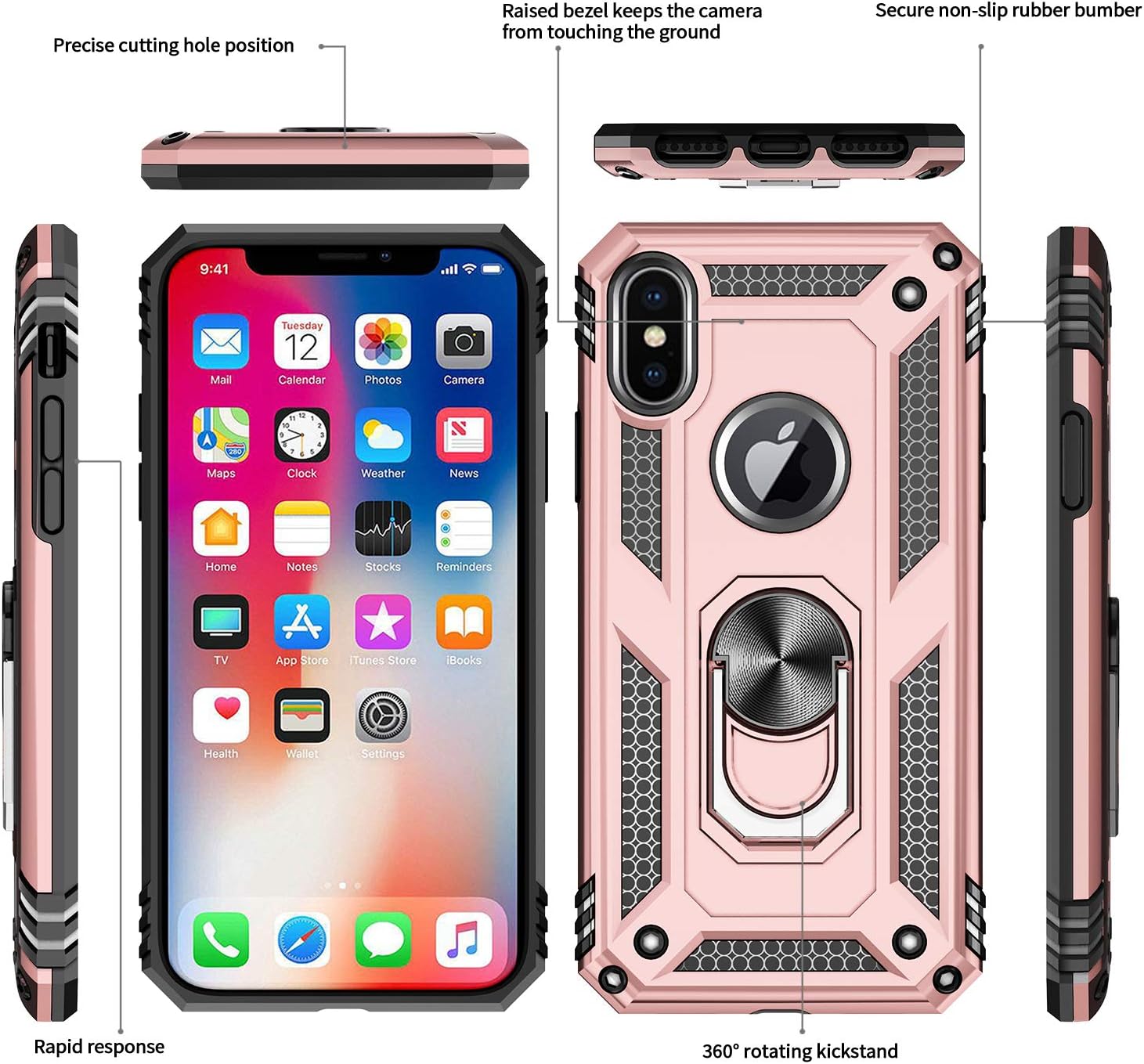 LeYi Compatible for iPhone Xs Max Case (Not Fit iPhone Xs) with Tempered Glass Screen Protector [2Pack] for Women Men, Military-Grade Phone Case with Ring Kickstand for iPhone Xs Max, Rose Gold