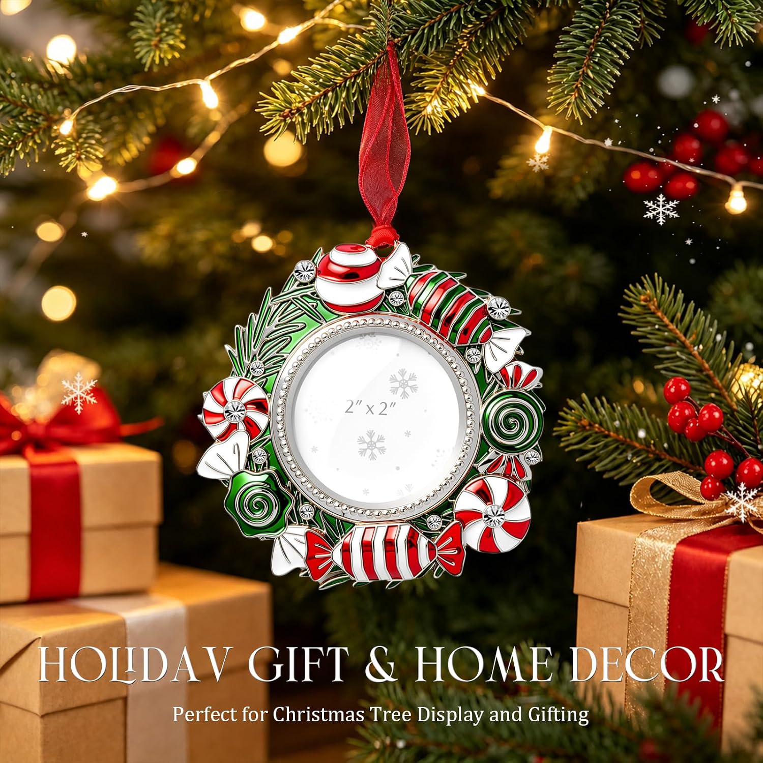 Sweet Family Christmas Ornament: Customizable Candy Cane Frame for 2x2 Photos, Perfect Candy Christmas Decoration & Gift.(Round) image 4