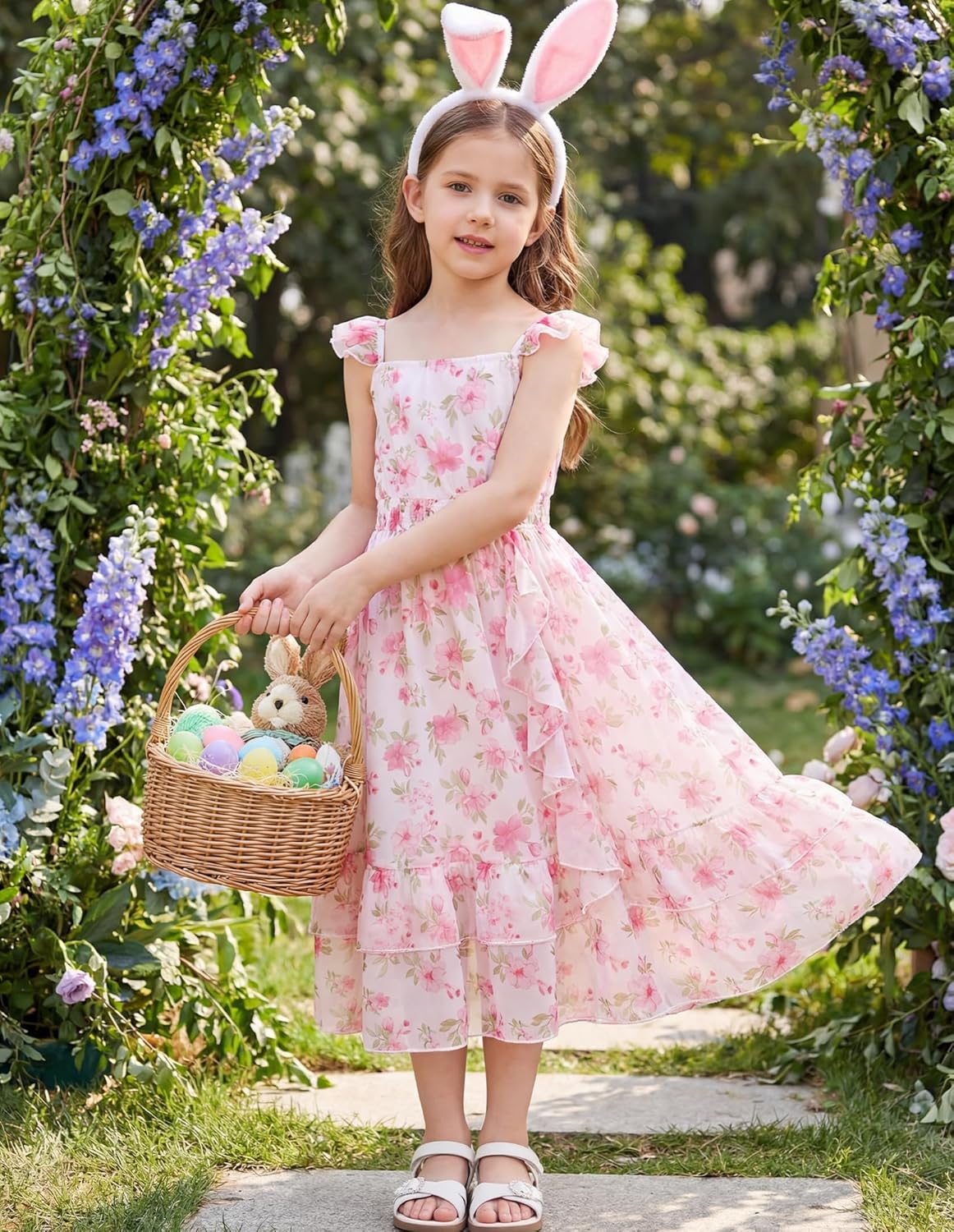 GRACE KARIN Girls Flutter Sleeve Smocked Floral Dresses, Kids Easter Spring Summer Dress, Teen Hawaiian Maxi Long Dresses - Image 3