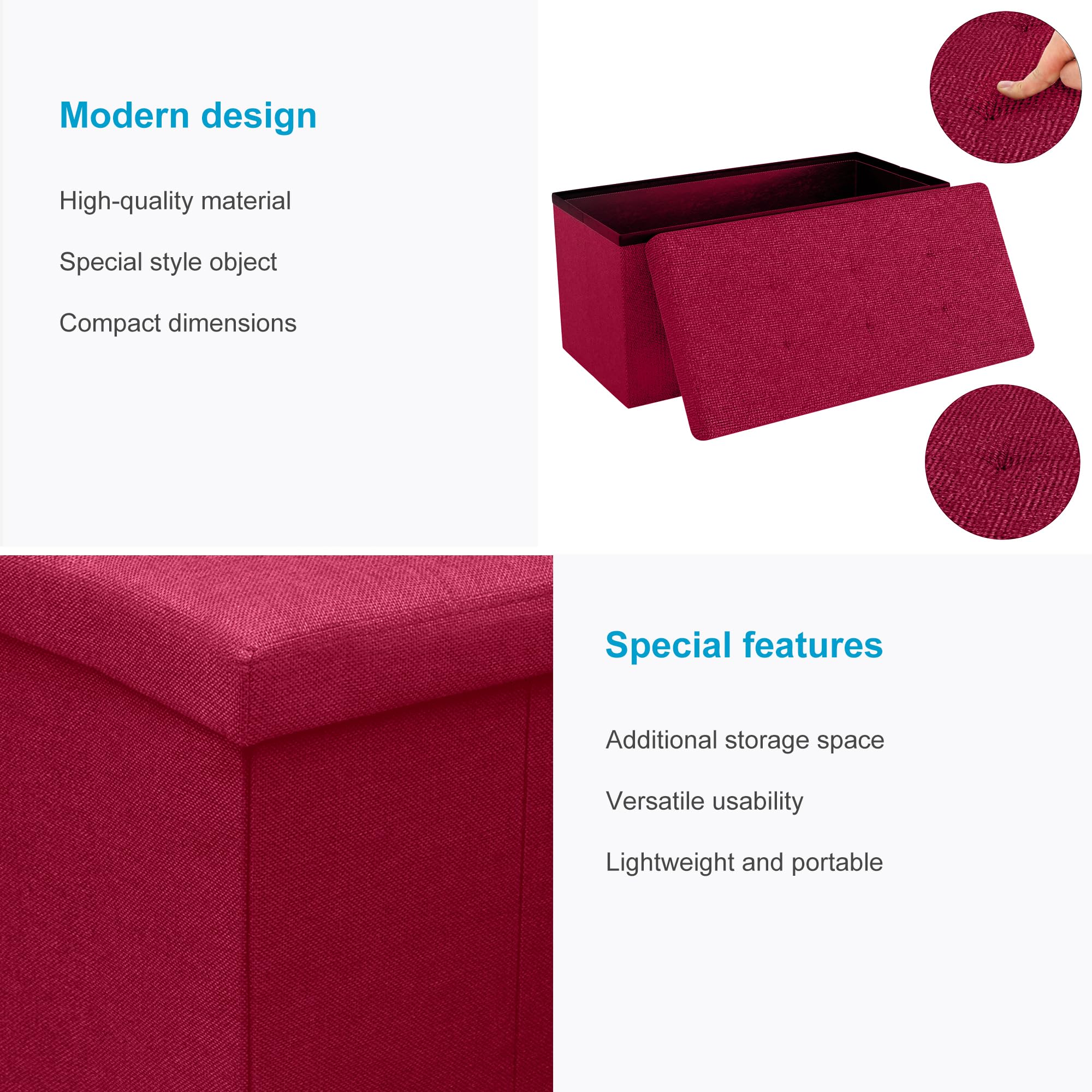INTIRILIFE Banco Plegable 76x38x38 cm en Rojo - Cubo Con Tapa y Espacio de Almacenamiento de Tela Con Huecos - Asiento Reposapiés Plegable Caja de Almacenamiento Cofre Taburete