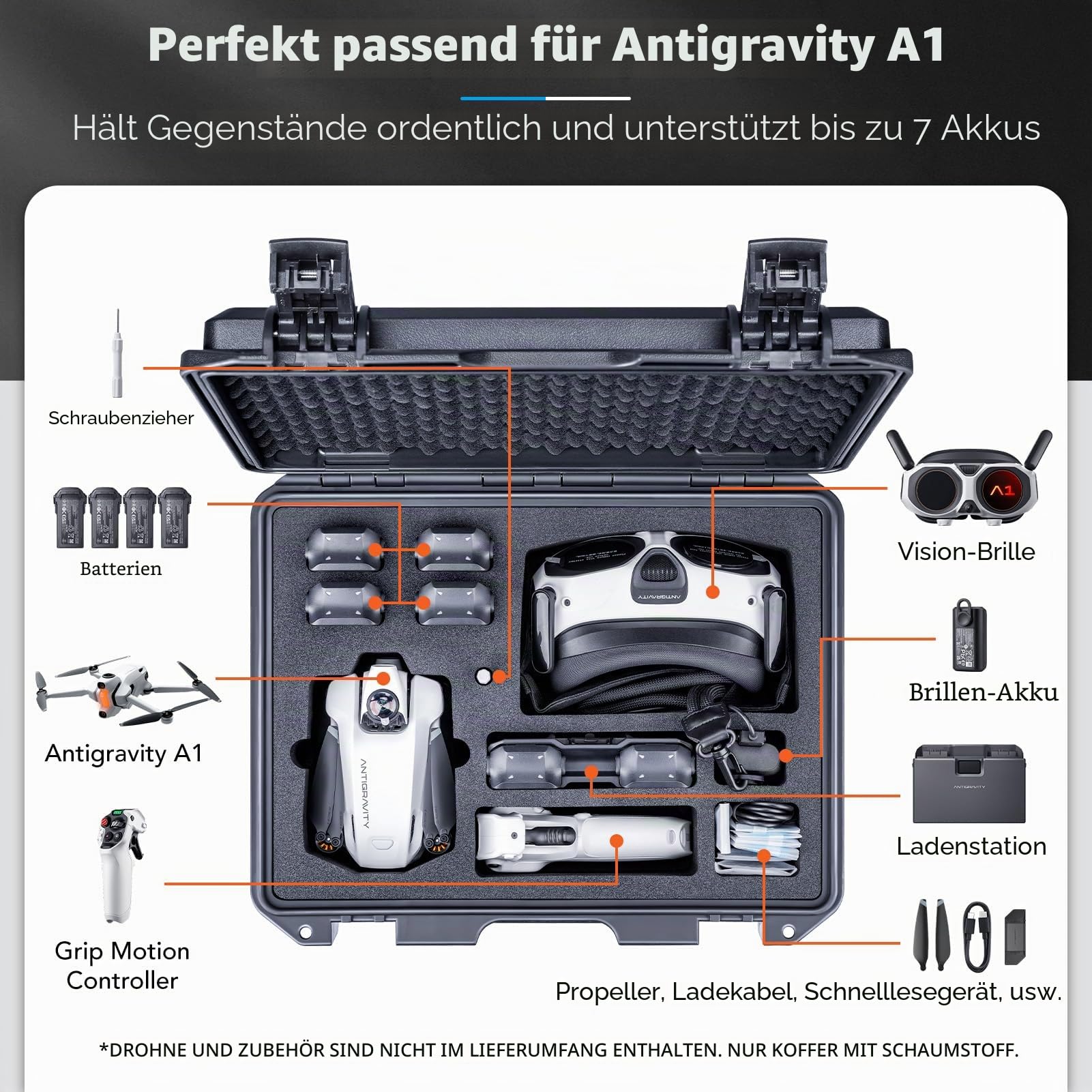 Lykus Titan AA100 Wasserdicht Tasche/Koffer/Case für Antigravity A1 Drone Bundles,Unterstützt 7 Akkus[NUR Koffer]