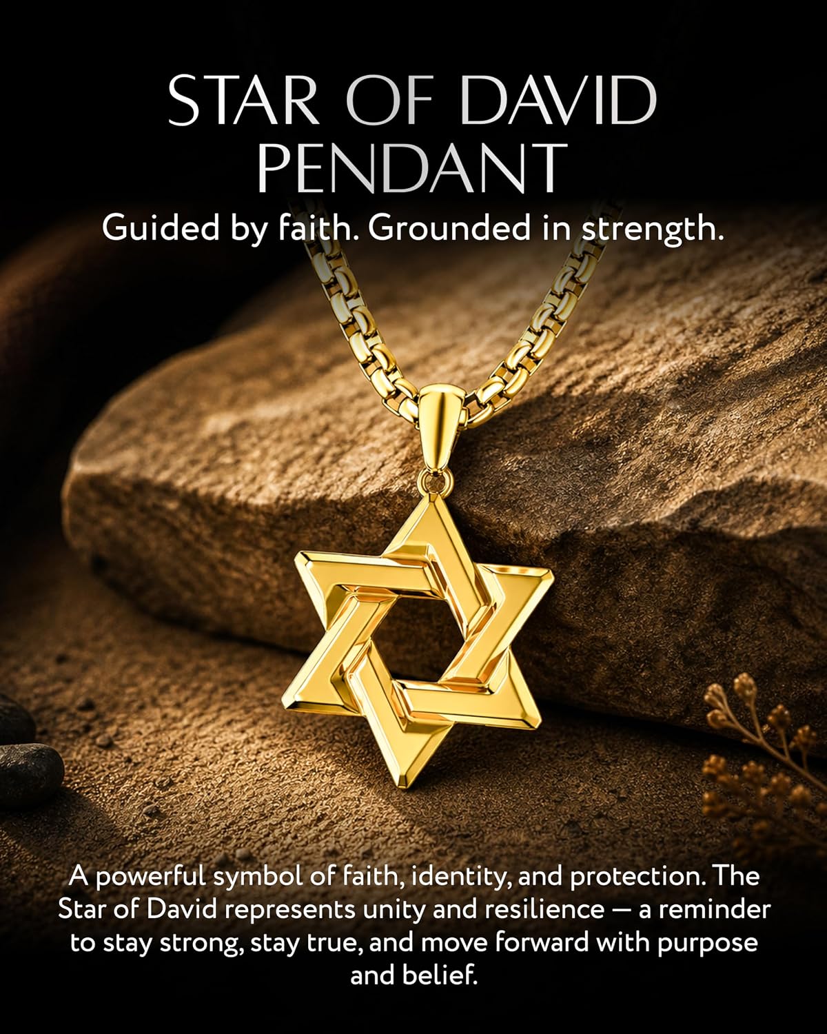 RTZN® Pendant Necklace for Men – Premium Stainless Steel Silver, 18K Gold Star of David Pendant & Italian Horn Necklace with 22" Chain – Waterproof & Non-Tarnish Jewish Necklace & Cornicello for Men