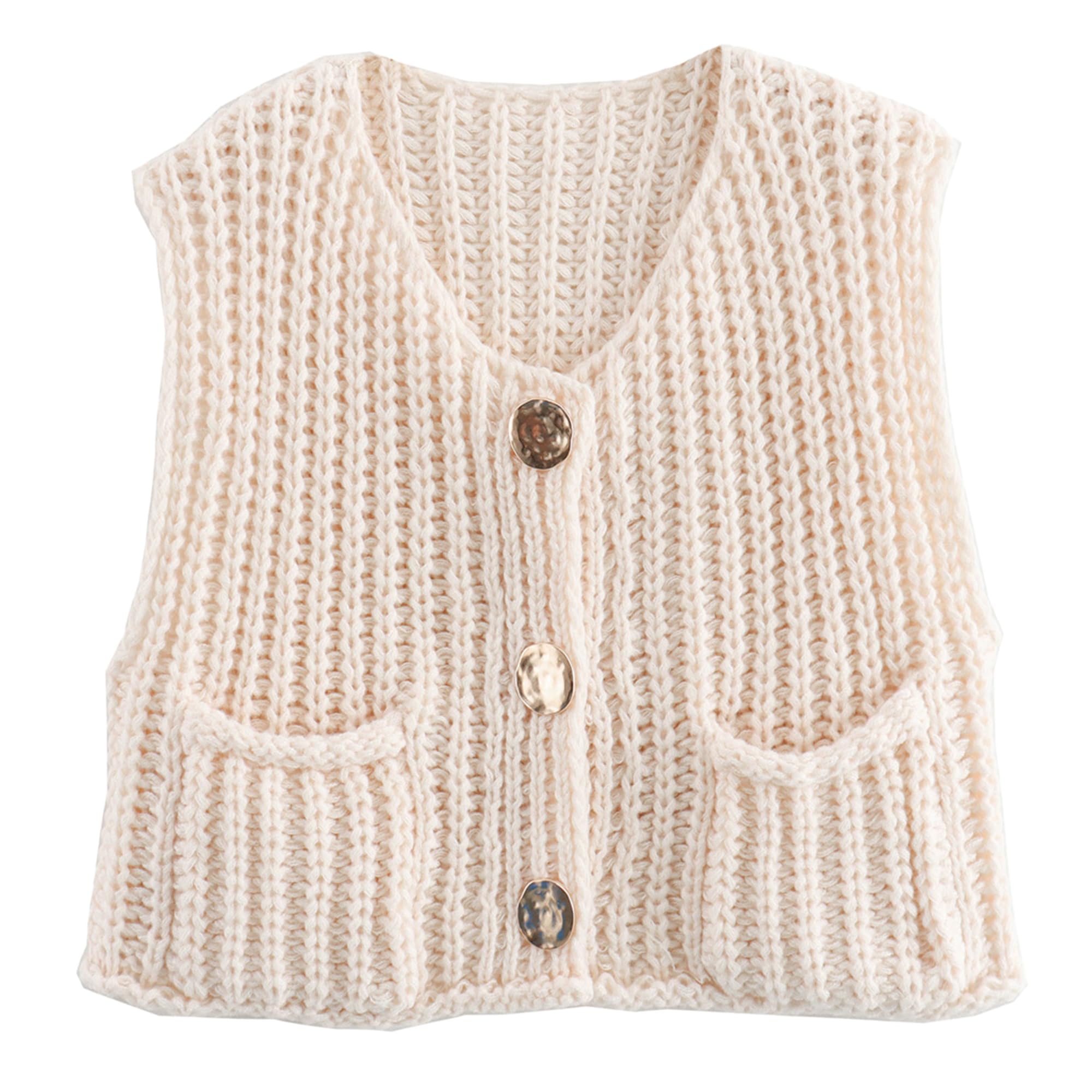 Hixiaohe Womens Crochet Chunky Knit Top Sleeveless Button Down Crop Tops Trendy Cardigan Sweater Vest for Women with Pockets Beige Medium
