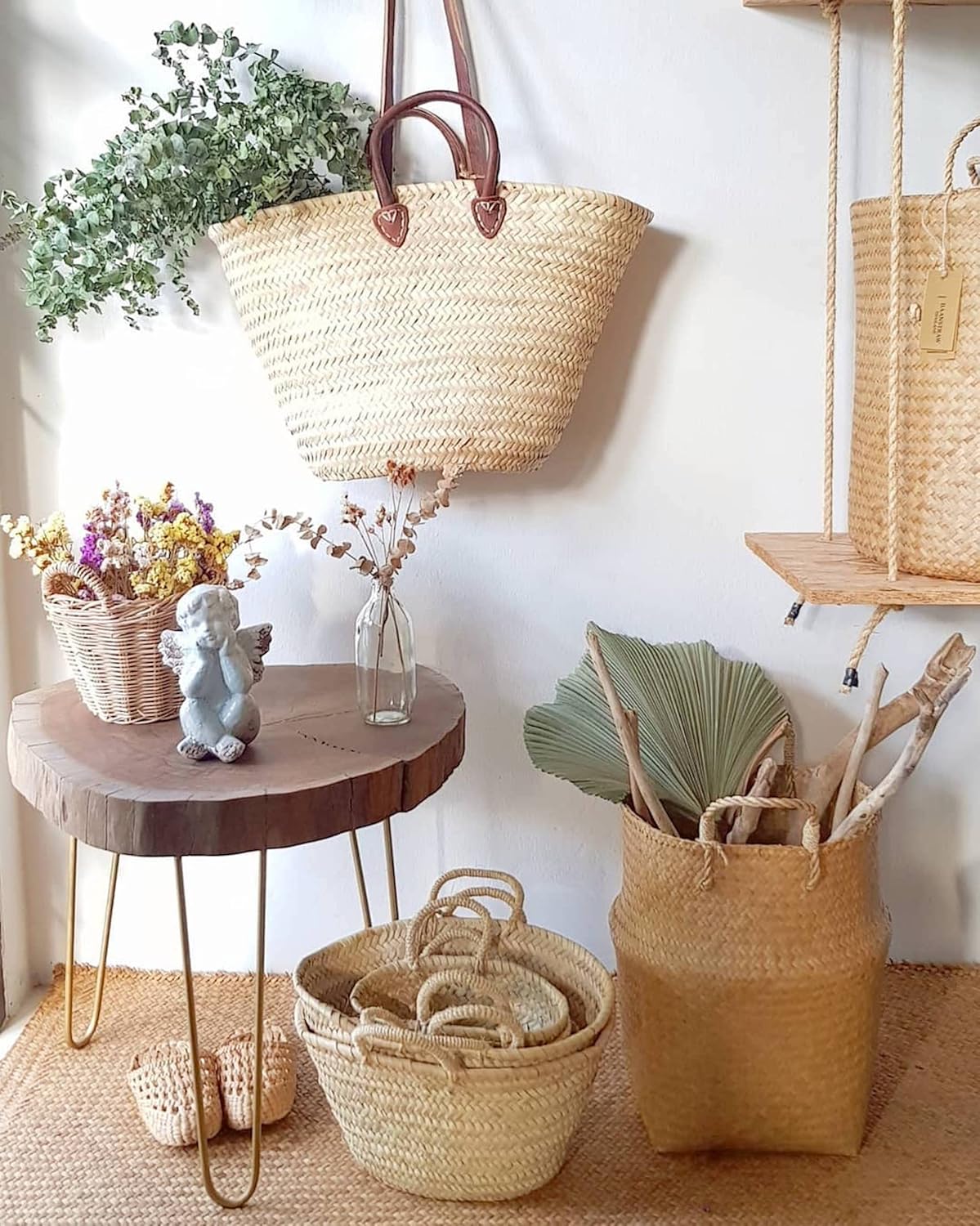 French Basket with Double Flat Leather Handles – Straw Tote, Beach Bag, Wicker Shopping Basket, Handmade Market Basket - Image 3