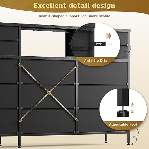 Miniatura 7 de Soporte de TV de 55 pulgadas de ancho para dormitorio con cajones de tela grandes, cómoda larga y resistente, centro de entretenimiento con estantes