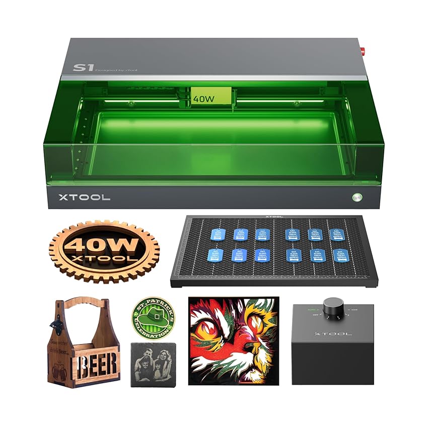 xTool S1 40W Incisore Laser Basic Kit con Aisst Aria Intelligente e Pannello a Nido d'Ape, Velocità 600 mm/s, Fuoco Automatico, Blocco Fumo, 498 * 330mm per Metallo, Legno, Acrilico, Tumbler (Nero)