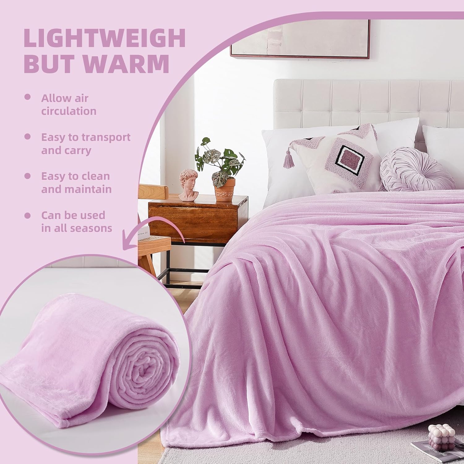 Lavender Queen Size Fleece Throw Blanket for Bed Couch, Soft Warm Fuzzy Cozy Blankets for Women Men, 300GSM Room Decor Flannel Microfiber Blankets for All Seasons, 90x90 Inches