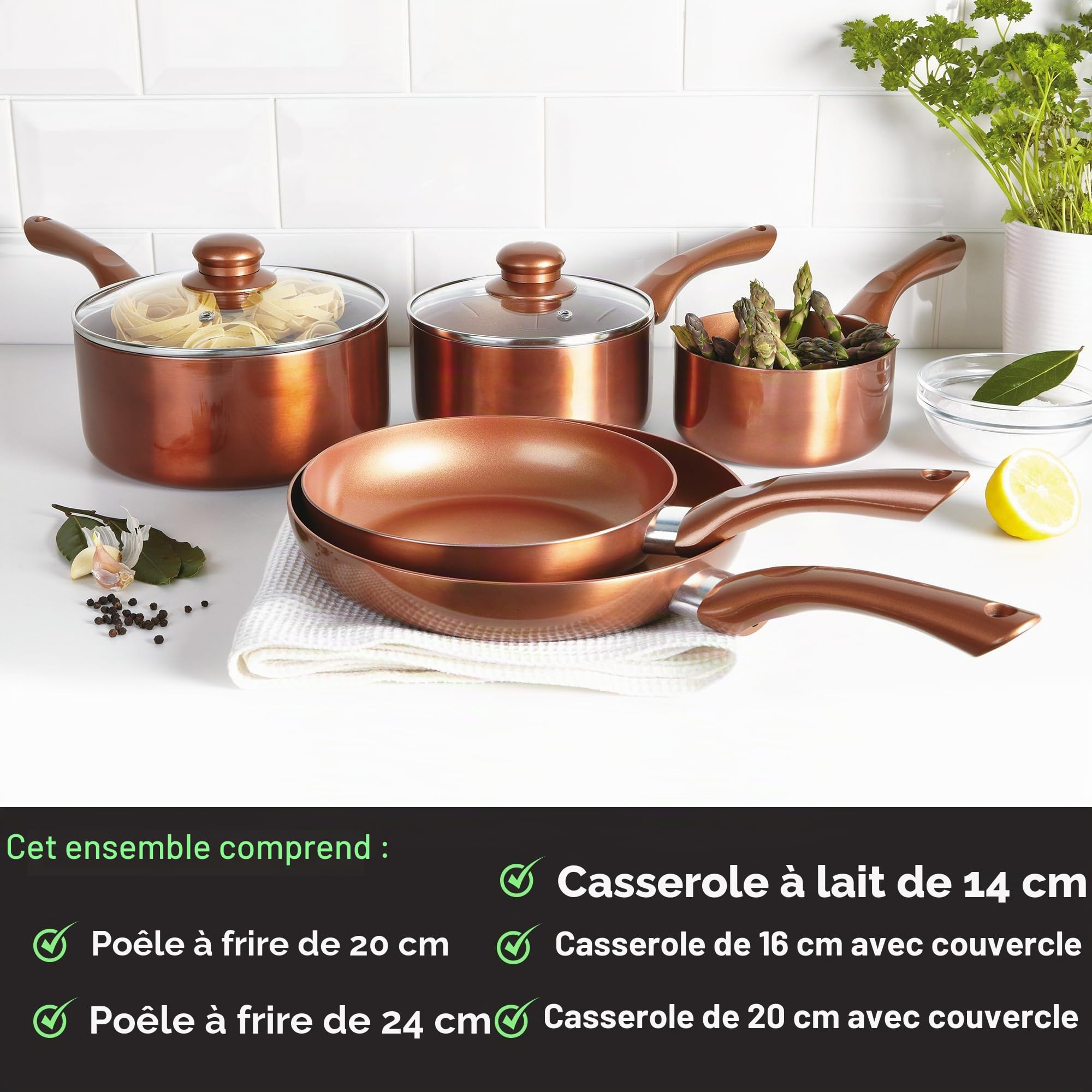 Batterie de Cuisine 5 pièces Copper Collection - Comprend 2 poêles et 3 casseroles - Revêtement Anti-adhésif en céramique avec extérieur en cuivre métallique - Compatible avec Tous Les Types de