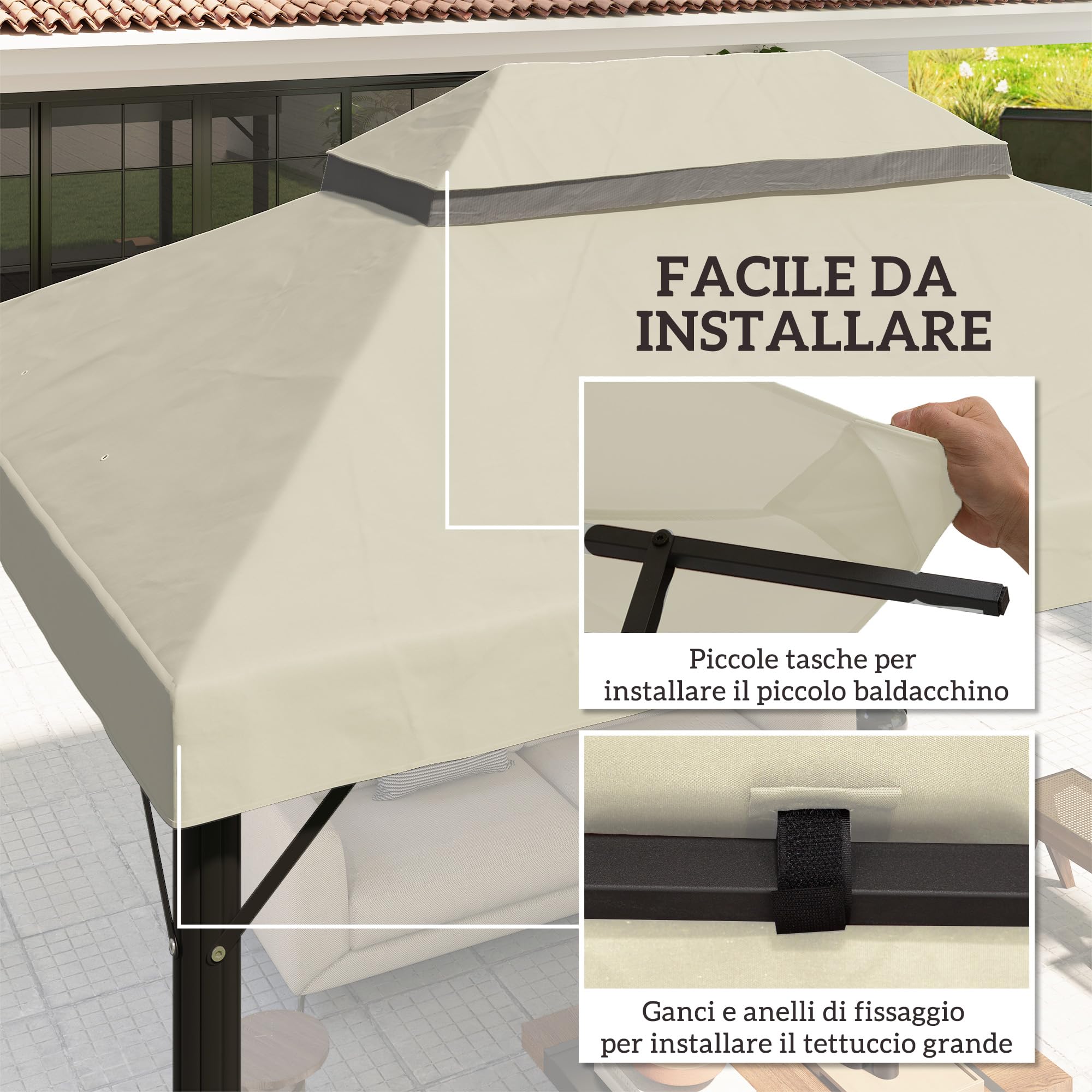 Outsunny Tetto di Ricambio per Gazebo 4x3 m a 2 Livelli Bianco Crema | da Giardino, Telo Gazebo, Resistente all'Acqua, Tessuto Oxford 370g/㎡, Anti-UV 30+, Fori di Drenaggio
