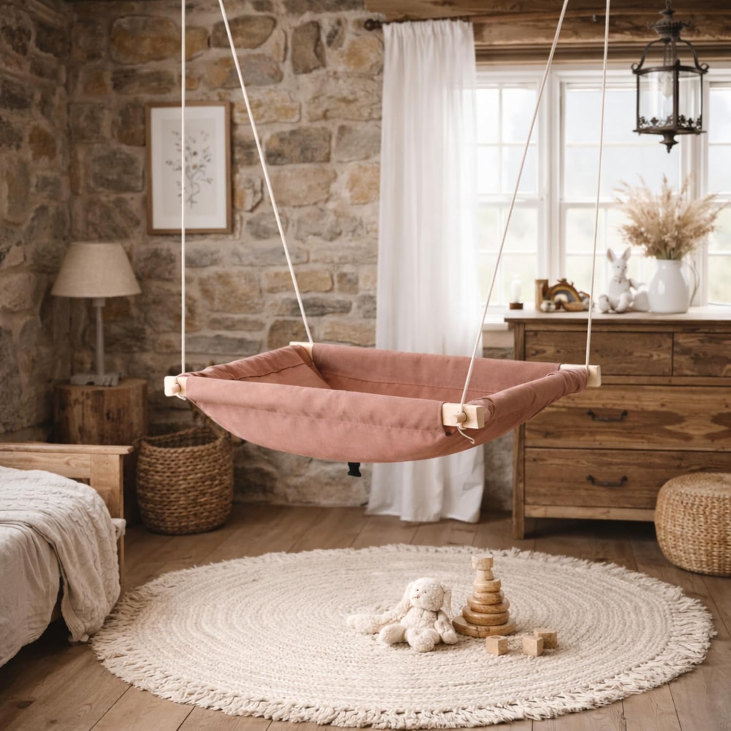 Kids Hammock Bed for Children Ages 3 to 5 Years, 15 to 36 kg Capacity, Comfortable Fabric with Wooden Frame, Large Size 66 x 150 cm, Portable and Easy to Assemble for Indoor and Outdoor Use (Brown-3)