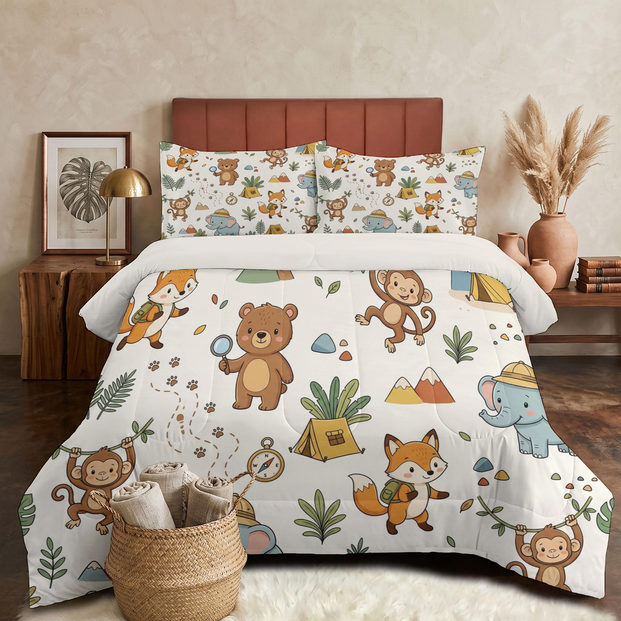 Piumone 2-In-1 Letto Singolo 140X200 Cm Animali Divertenti E Avventurosi | Trapunta E Piumino Reversibile 4 Stagioni, Campeggio Nella Foresta Animali, Copriletto Lavabile Morbido Leggero, Beige