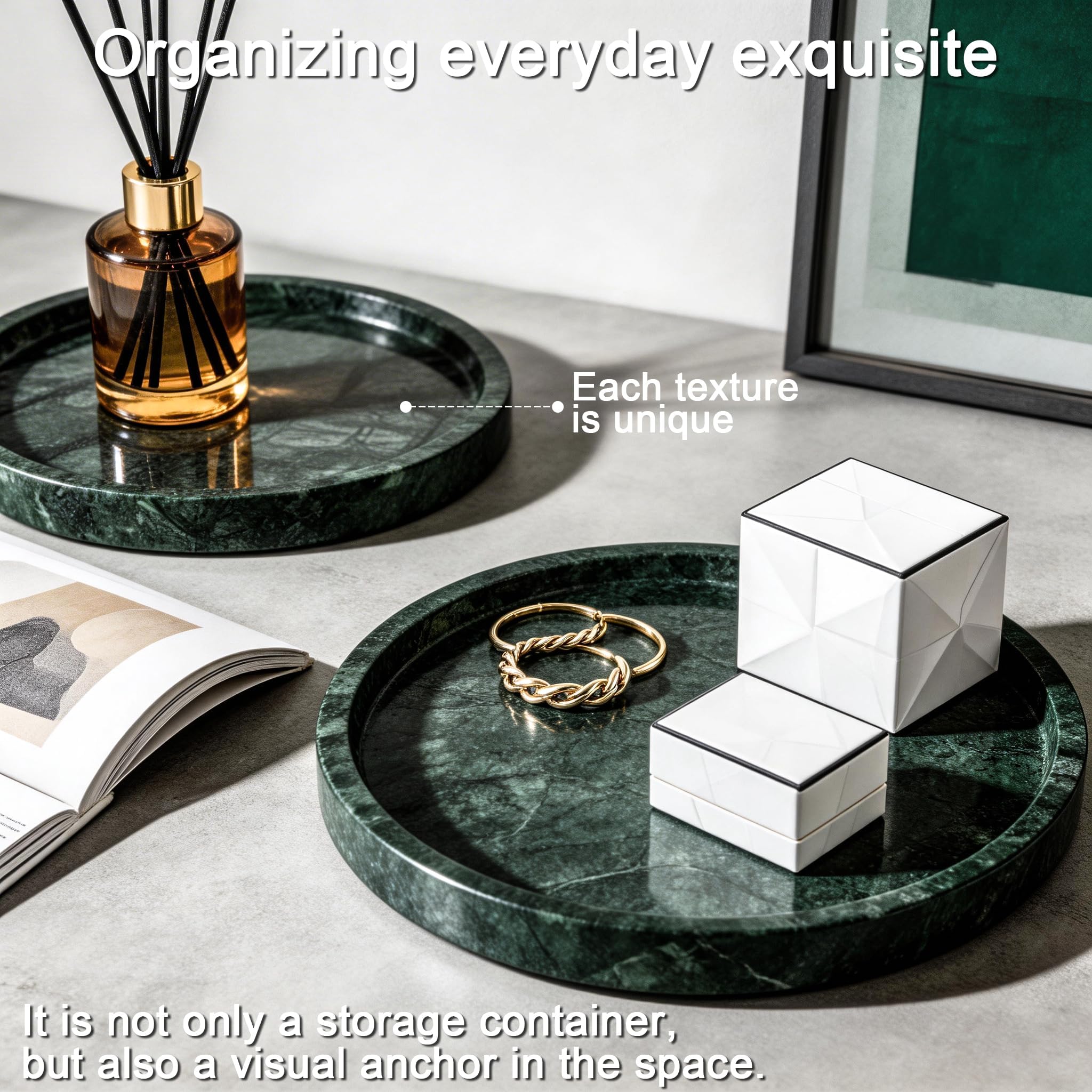 Taca z naturalnego marmuru, 24 cm okrągła marmurowa półka, zielona | Do łazienki, tacy na biżuterię, stolika kawowego, schowka na umywalkę, stolik nocny, akcesoria do domu (DEN55)