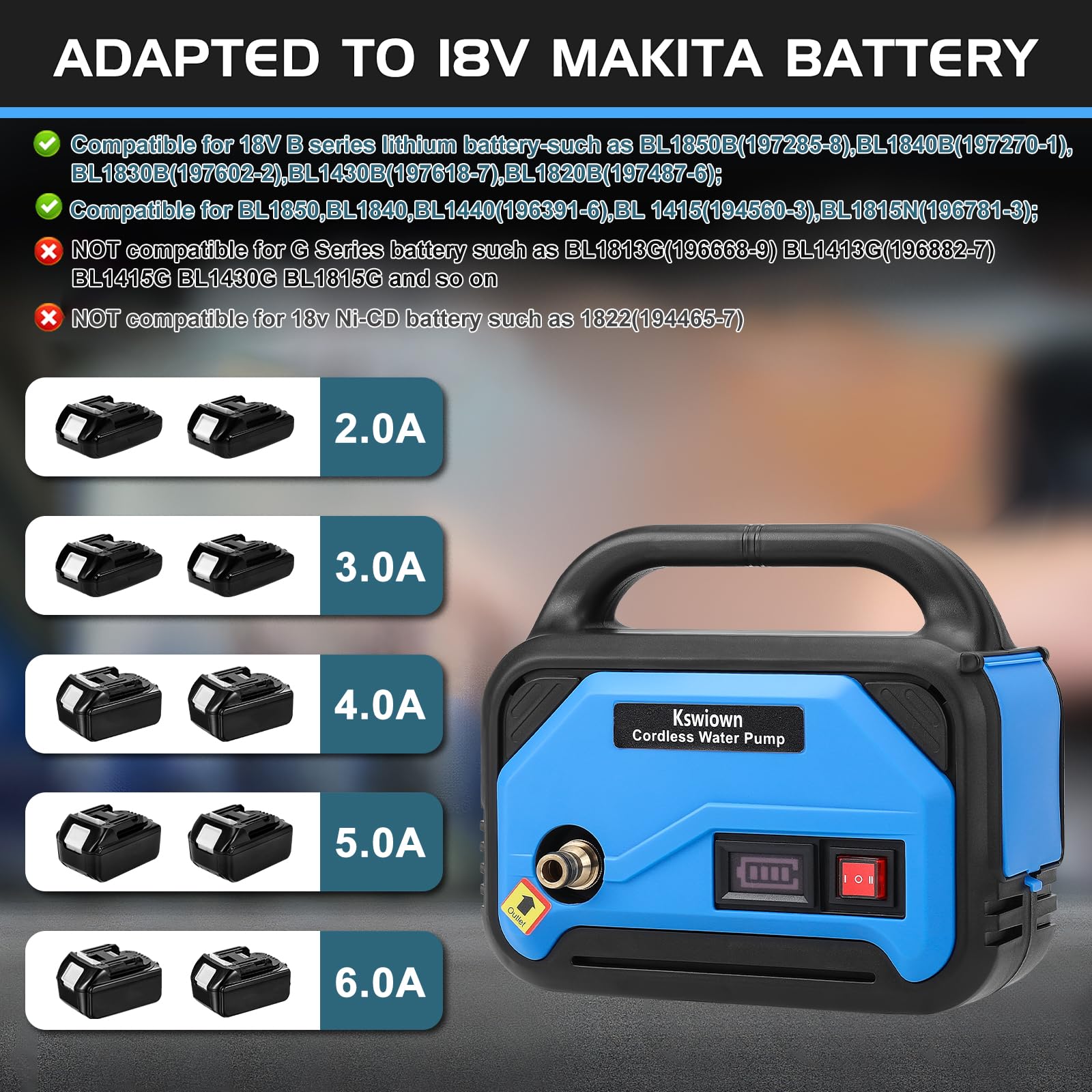 Wasserpumpen für Makita 18V Akku, Elektrische kabellose Gartenpumpe Tragbare Selbstansaugende Pumpe, 220W Bewässerungspumpe mit 10M Wasserauslassrohr, 5M Wassereinlassrohr und Duschkopf(Ohne Akku)