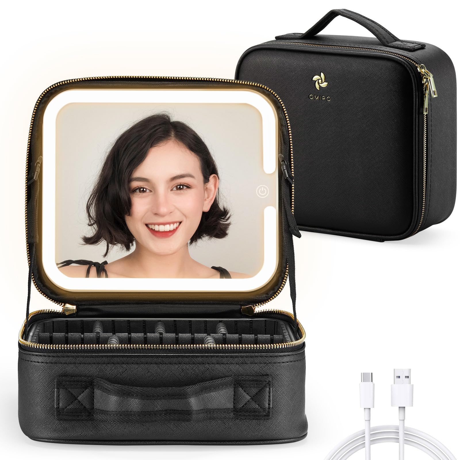 OMIRO Estuche de Maquillaje de Viaje con Gran Espejo Iluminado Partition-Able Cosmetic Bag Professional Cosmetic Artist Organizer(Pequeño, Negro)