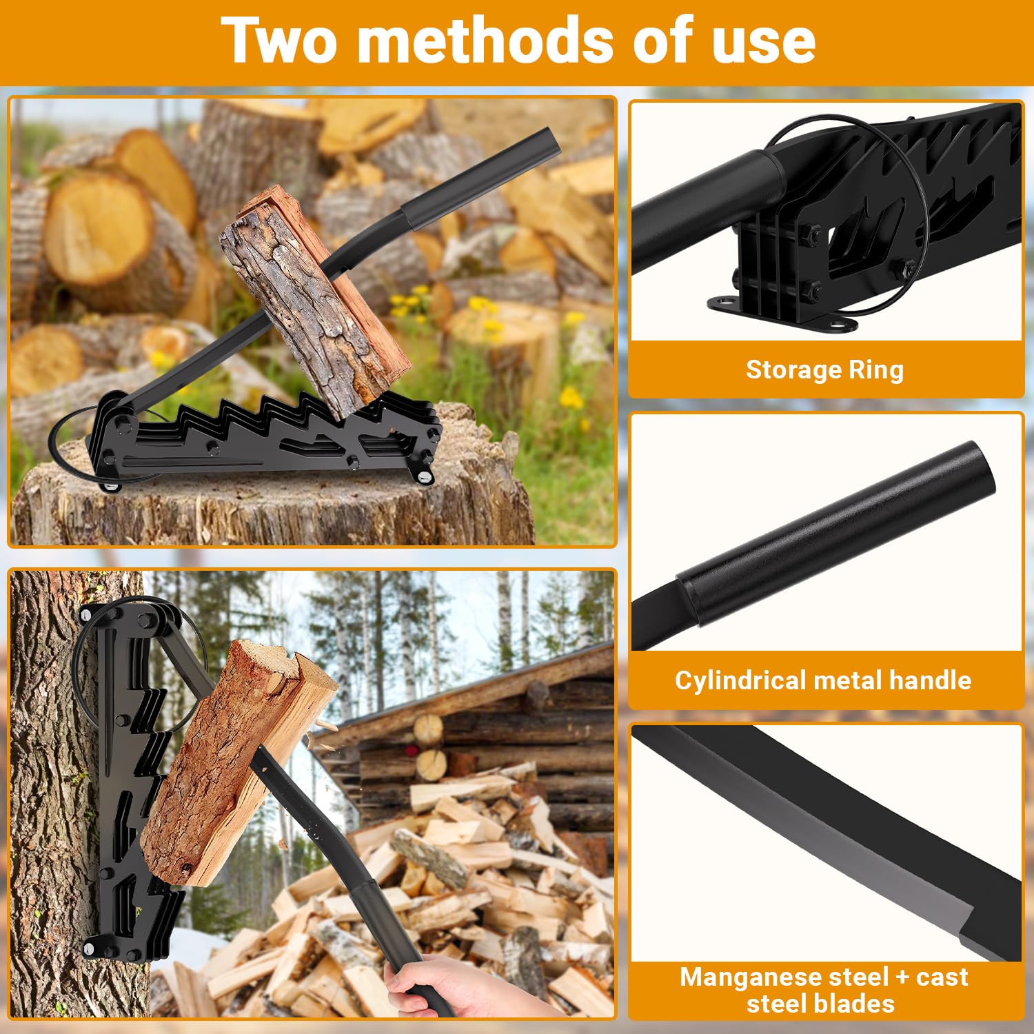 Fendeur de bûches manuel avec longue poignée, fendeur de bois de chauffage portable pour bois tendre, avec sac à bois de chauffage, pour l'intérieur et l'extérieur, noir