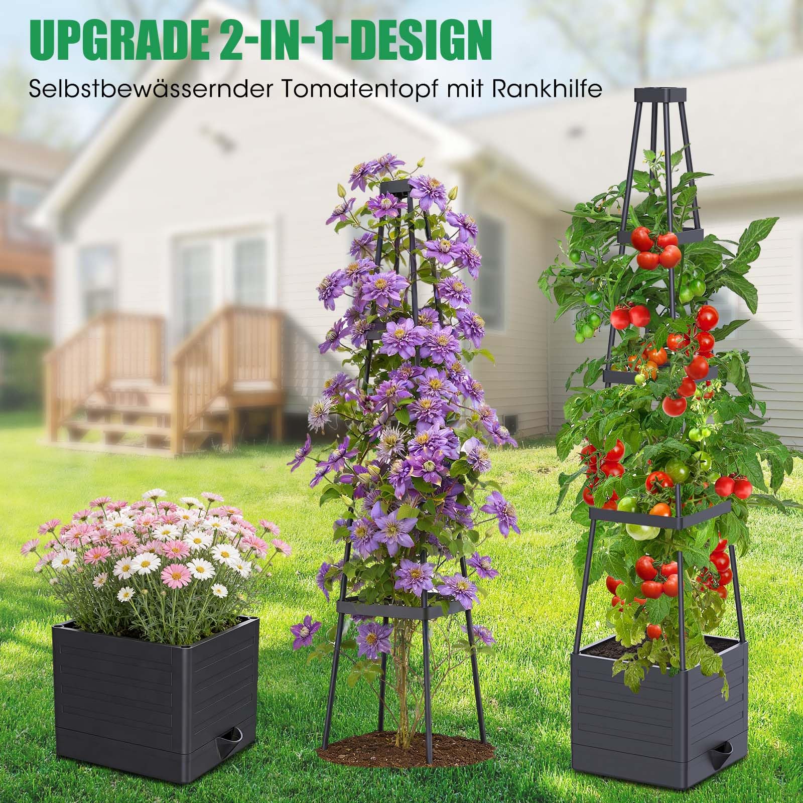 145cm Tomatentopf, 2 Pack Selbstbewässerung Tomatentopf mit Rankhilfe,Tomaten Rankhilfe mit Wasserspeicher，Höhe Einstellbar Tomatenturm，für Kletterpflanzen Gemüse Blumen Outdoor&Indoor