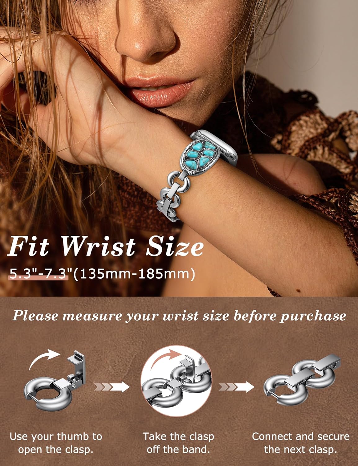 Minyee Turquoise Stone Bracelet Compatible with Apple Watch Band Women 42/46/38/40/41/44/45/49mm, Western Boho Cowboy Retro Adjustable Metal Strap for iWatch Series 11 10 9 8 7 6 5 4 Ultra/SE 3 2 1