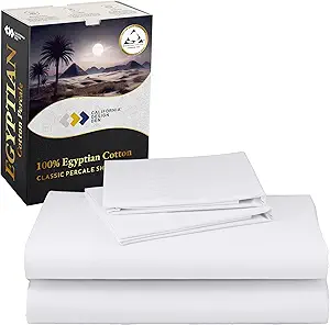 California Design Den Certified 100% Egyptian Cotton Sheets King Size Deep Pocket Set - King Percale Sheet Set with Deep Pockets, Lightweight, Crisp, Cool & Durable Luxury Bedding - White