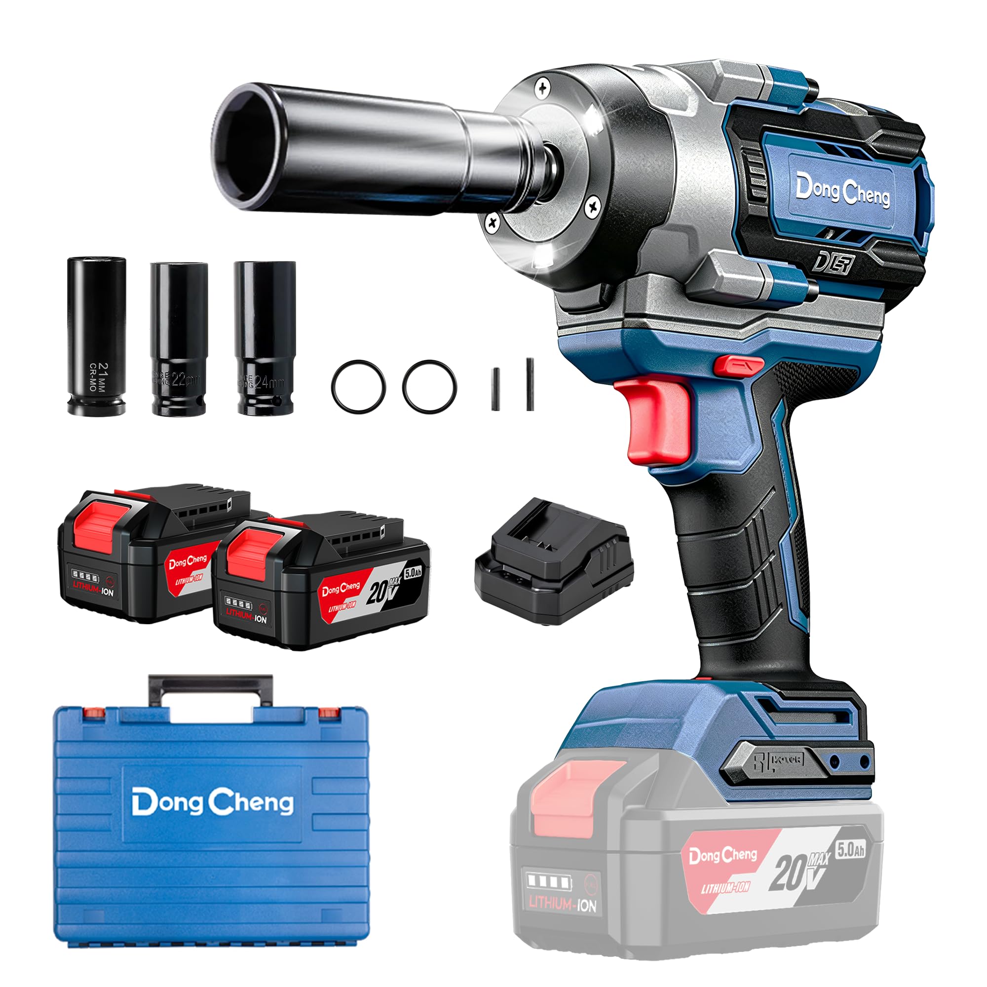 Dong Cheng Chiave a impulsi senza fili Brushless 1/2", 1700 Nm, 3 vel. 0-1900 giri/min, 2x5,0Ah + carica rapida + 3 bussole, per bulloni arrugginiti M10-M24