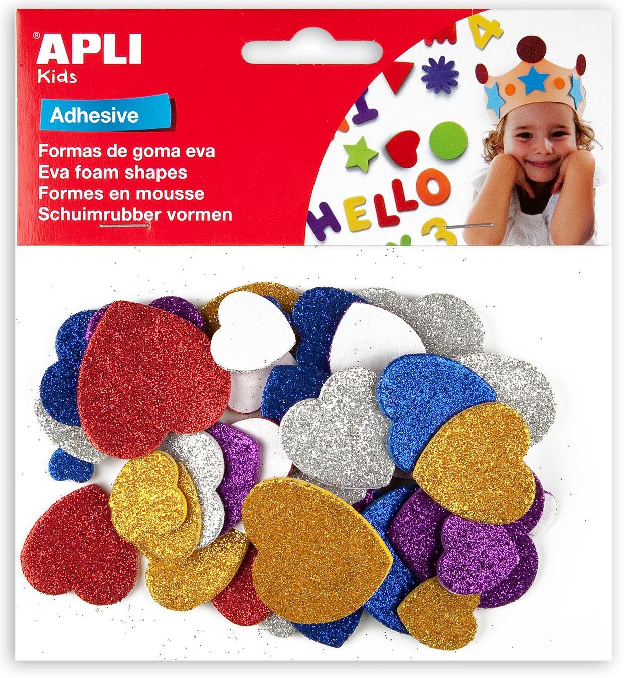 APLI Kids 13484 – Bag Shapes EVA Adhesive Glitter Metal Shapes Heart Colour, 50 Units