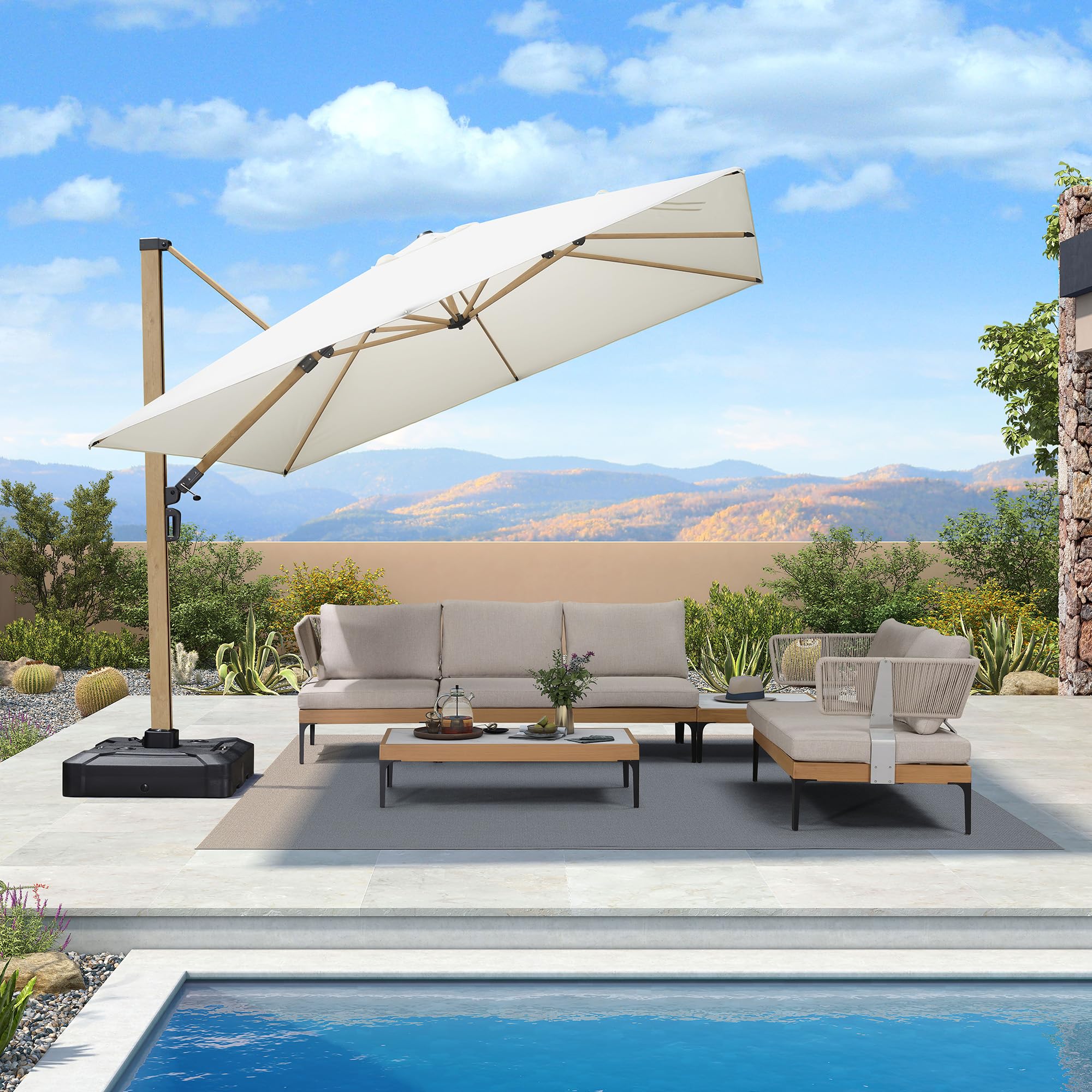 PURPLE LEAF Parasol Déporté 3 x 3 m Aluminium Effet Bois Crème Anti-Vent | Style champêtre, Parasol, UPF 50+, Tissu polyester 240 g/m², Résistant aux intempéries, 8 baleines renforcées, Terrasse