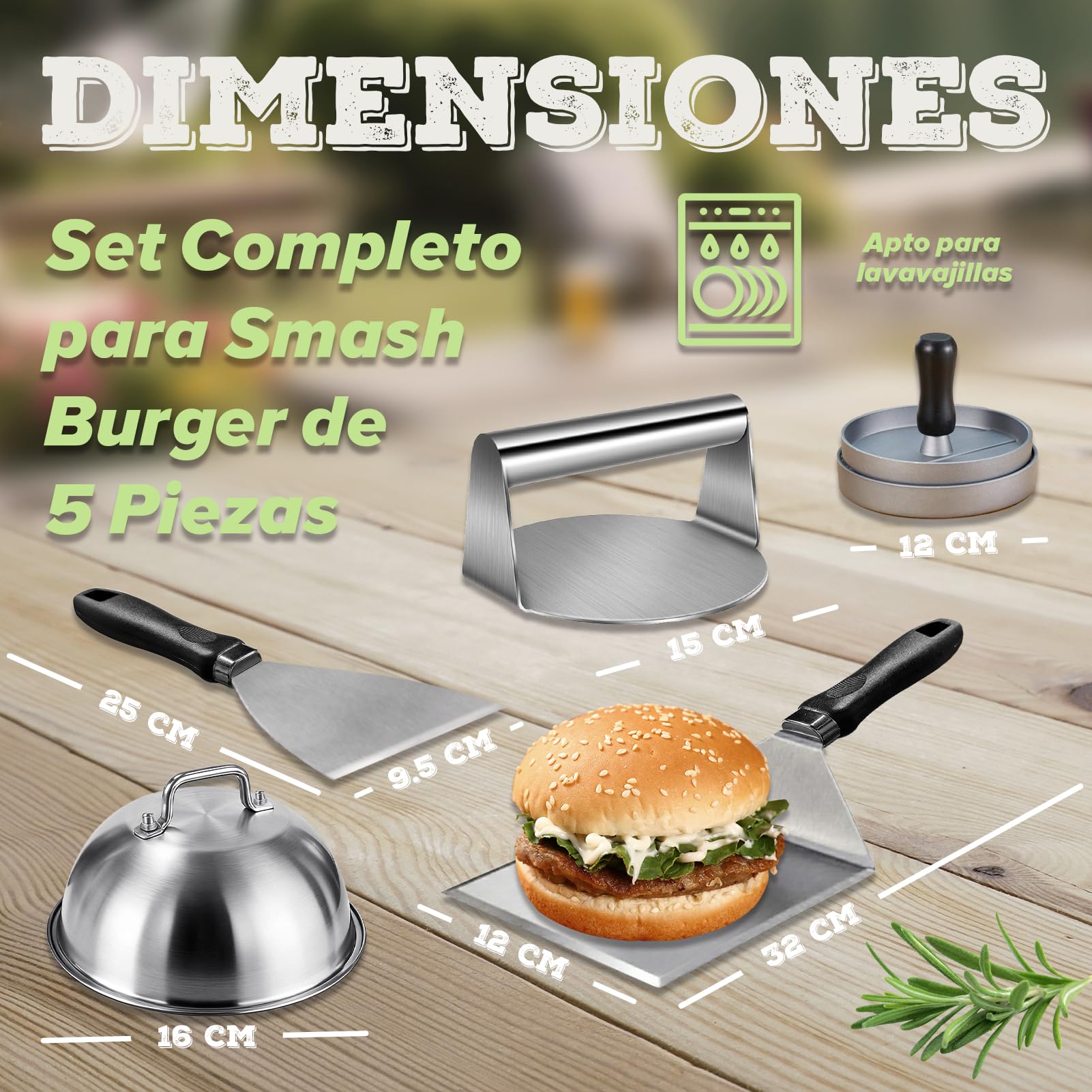 Set Smash Burger de 5 Piezas, Juego de espátulas de Acero Inoxidable para Plancha Teppanyaki, con espátula Ancha, Prensa para Hamburguesas, Campana de cocción espátula de ángulo, Regalo para Hombres