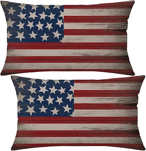 GTEXT Paquete de 2 fundas de cojín de 12 x 20 pulgadas, diseño de bandera manchada, estrellas, rayas, fundas de almohada para el Día de los Caídos,