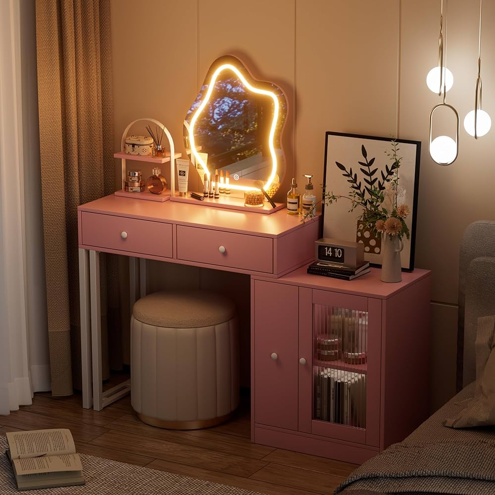 化粧台 化粧室 DRESSING TABLE WITH LIGHTS PAKASEPT Makeup Vanity Desk with Adjustable Lighting and Storage