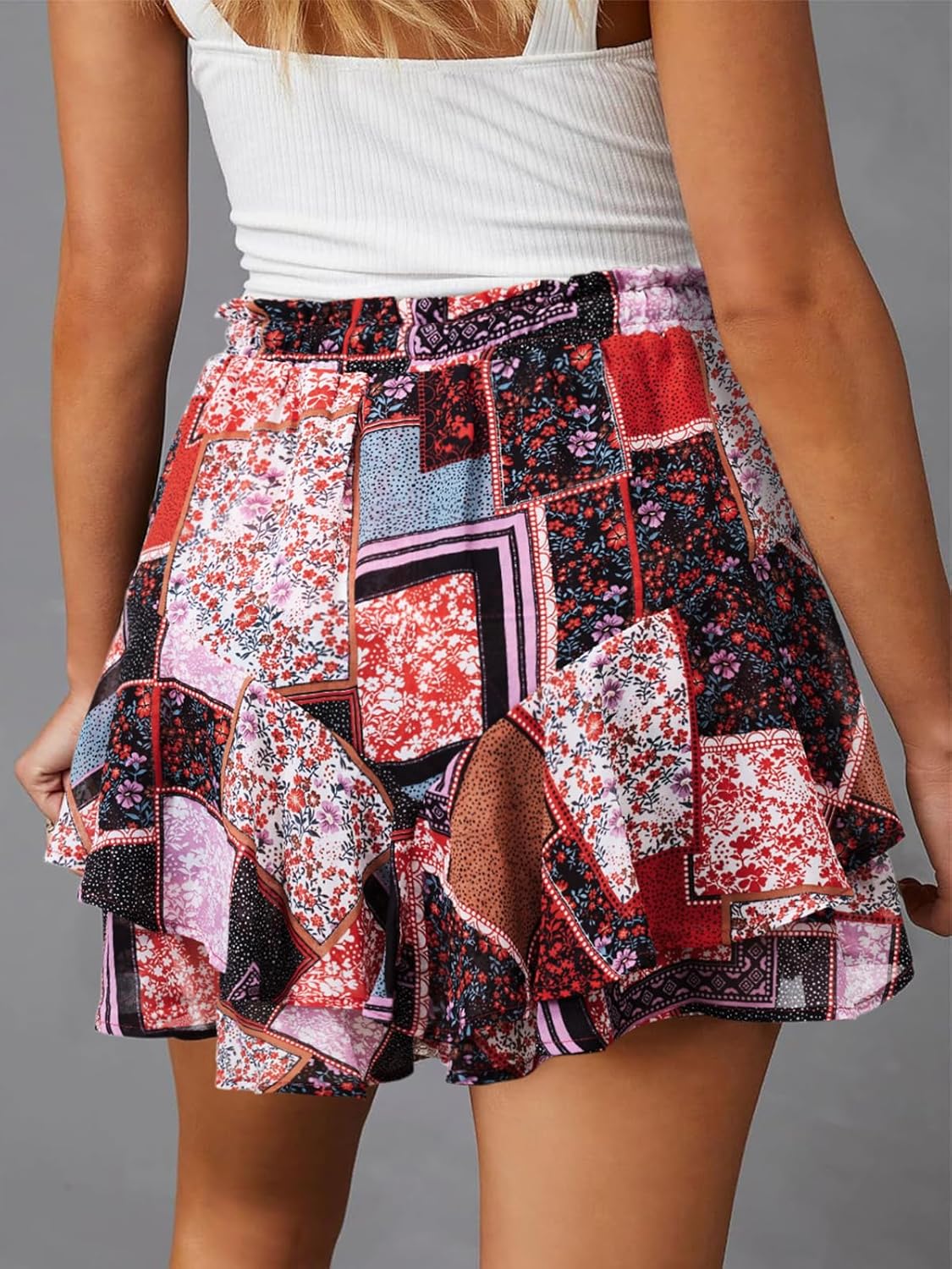 Boho Skorts for Women Flowy Shorts Printed Casual Ruffle Mini High Chiffon Skirts Country Concert Outfit